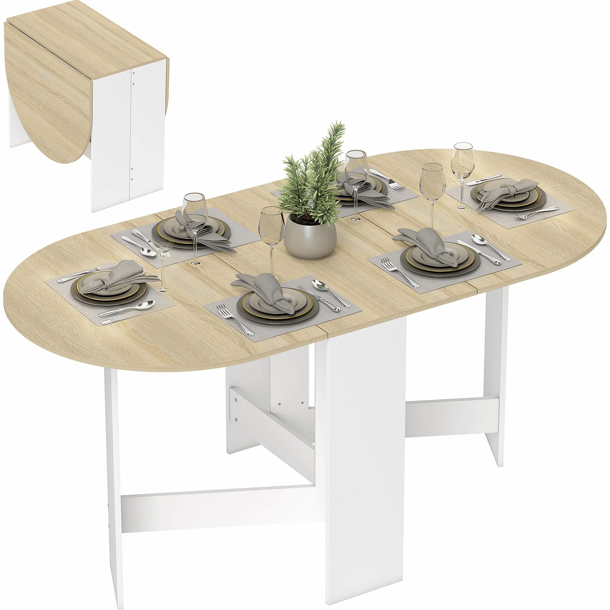 HOMCOM Mesa Plegable de Comedor, Mesa de Cocina Plegable Ovalada, 163x80x75 cm con Alas Abatibles, hasta 6 Personas, para Comedor, Salón, Espacio Pequeño, Natural