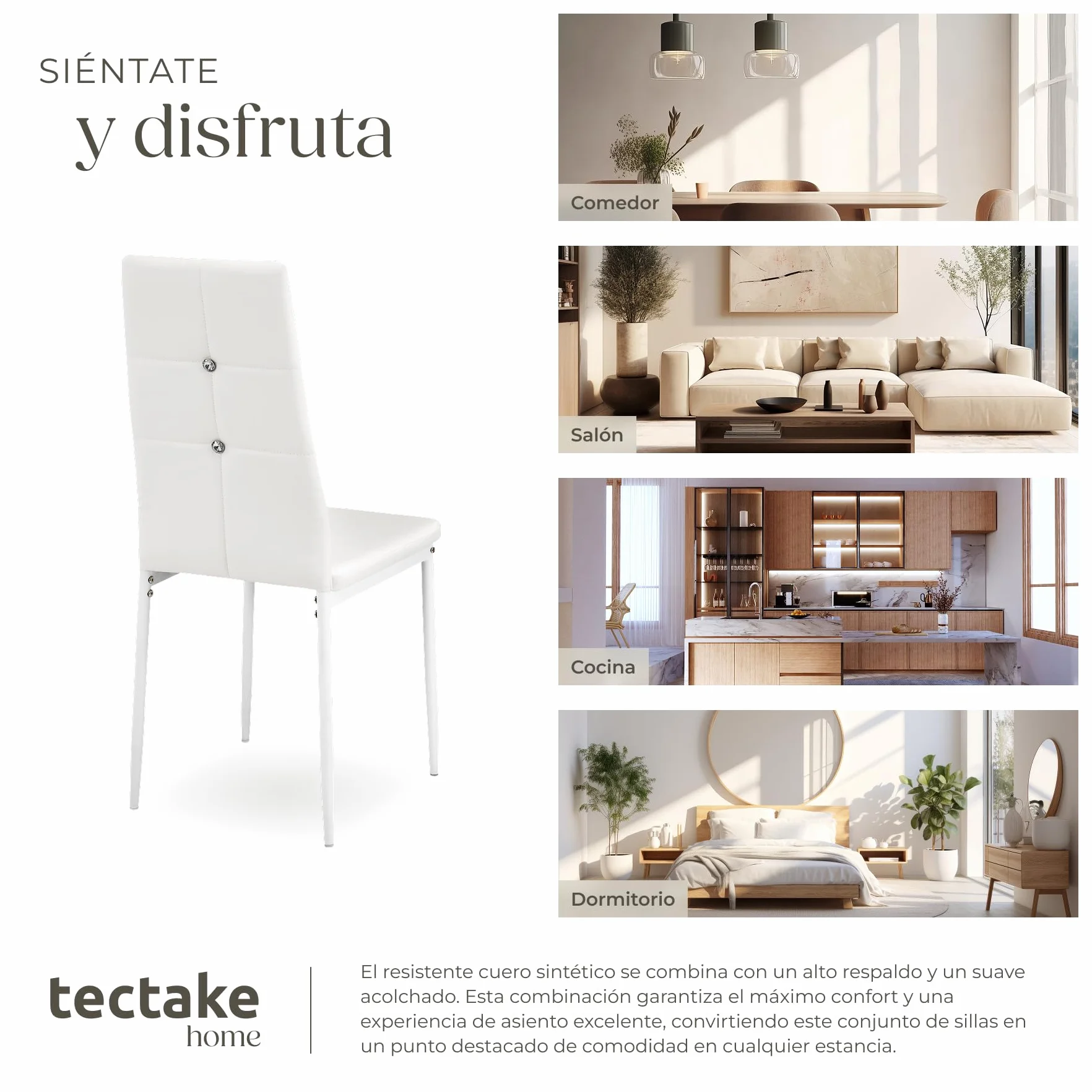 tectake® Silla de Comedor, Asiento y Respaldo Acolchado, Piel Sintética, Piedras Brillantes, Sillas Modernas, Sillas Cocina, Alta Capacidad de Carga, Montaje Rápido - 4 Sillas Blanco