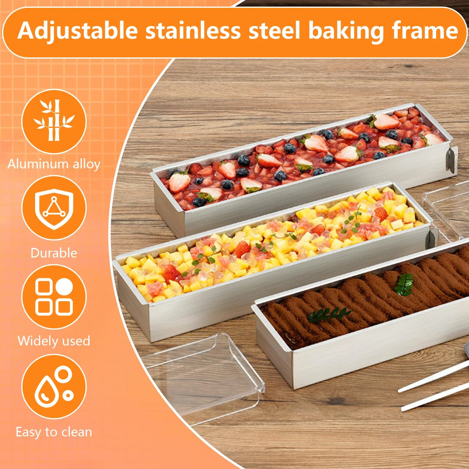 2 Piezas Molde Tarta Rectangular, Molde Mousse Ajustable Forma de Tiramisú Antiadherente con Parte Lateral Extraíble, Moldes de Aleación de Aluminio para Pasteles, Brownie, Pan y Tiramisú (40cm)