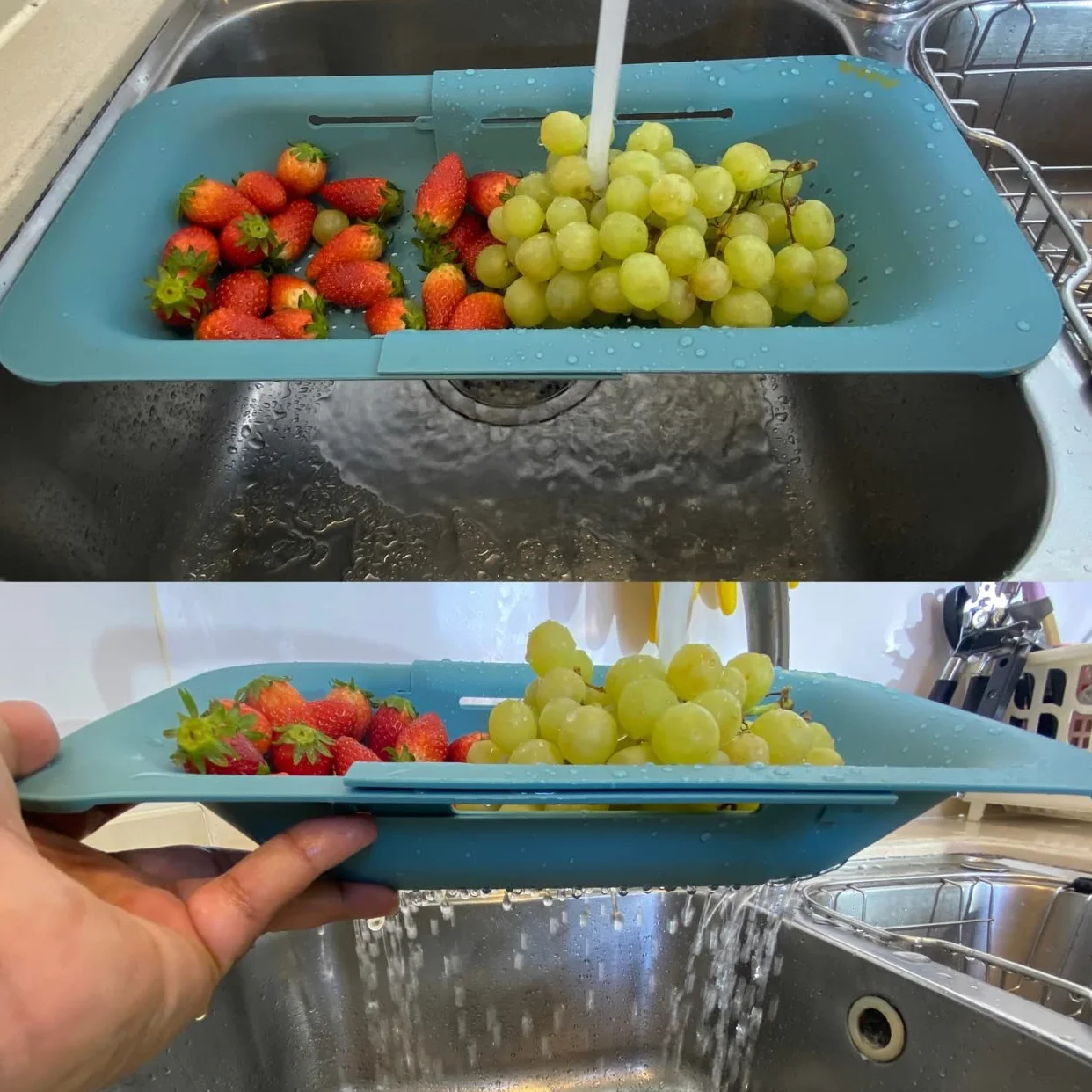 AHASON'S Paquete de 2 coladores para colocar sobre el fregadero, lavar verduras y frutas, escurrir pasta cocida, cesta extensible (juego de 2 unidades)