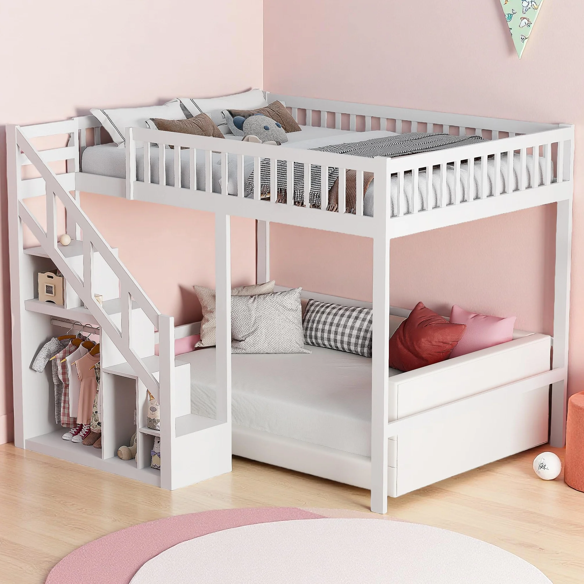 Cama Alta 140x200 cm para Niños y Adolescentes, Cama Elevada de Madera de Pino con Escalera de Almacenamiento y Barandilla de Seguridad, Estructura Juvenil Ahorro de Espacio, Blanco