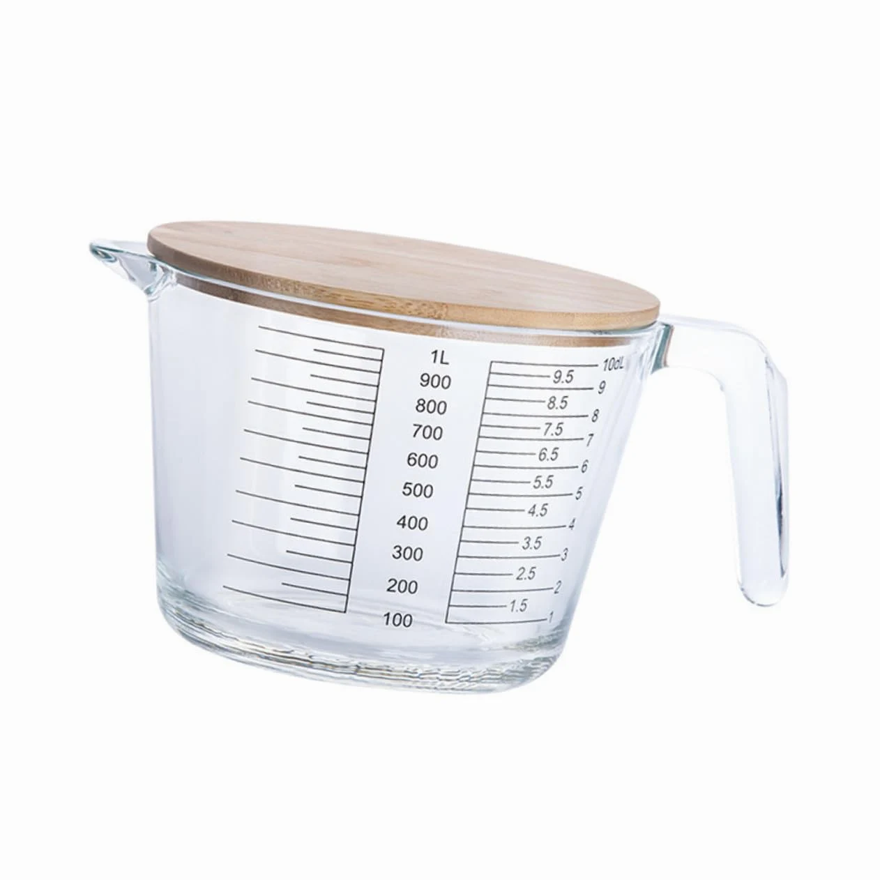 Cabilock Vaso Jarra al Calor Resistente con Vidrio Medidor Tapa Medidora Madera Escala Práctica Medir para Cocina, Adecuado Líquidos y Aceites