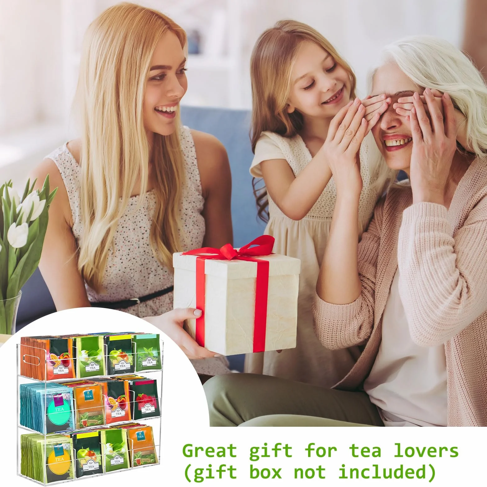 Organizador Infusiones de Acrílico, Caja Infusiones Vertical con 12 Compartimentos para 216 Bolsas de Té, Estante de Té Contenedores para Paquetes de té, Café, Azúcar