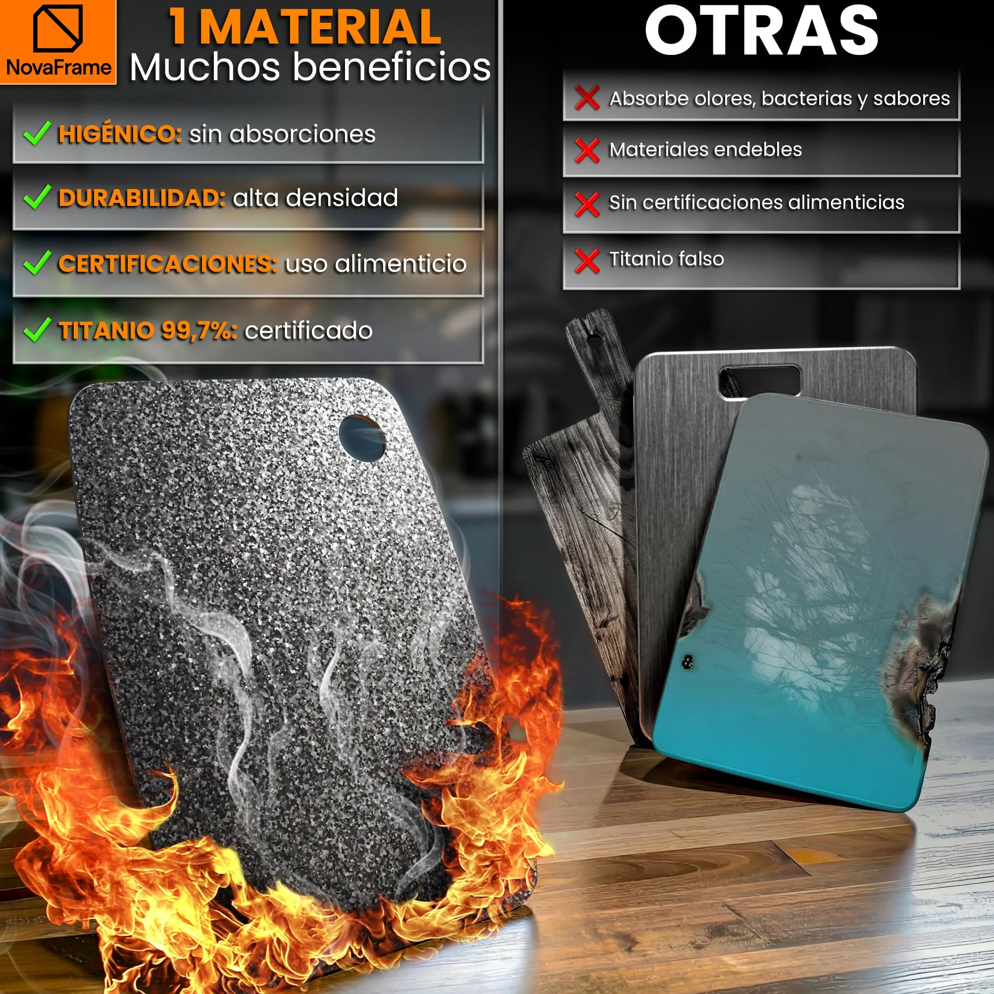Tabla de cortar de titanio 100% puro 40x30cm – tabla cortar titanio doble cara, tabla antibacteriana para cocina, titanium cutting board ultra resistente, tabla de titanio puro premium