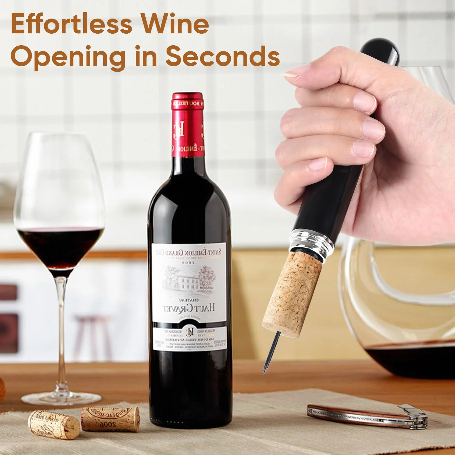 Sacacorchos Manual Set, Sacacorchos de Aire a Presión, Abrebotellas Profesional, Boquilla Plegable Automática, Vertedor de Botellas de Acero Inoxidable, Set de Accesorios para Vino