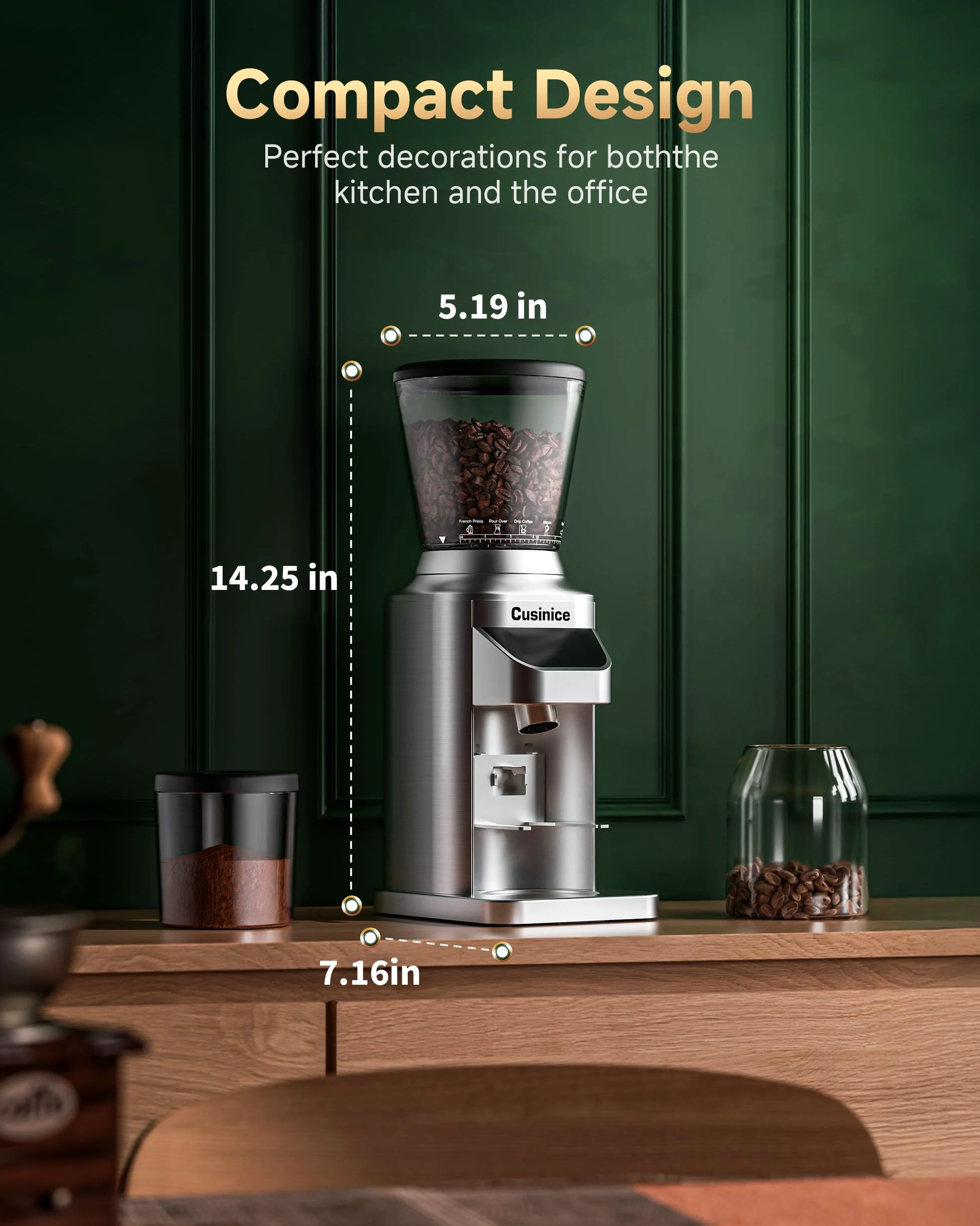 Molinillo de café expreso, 48 ajustes de molienda precisos, rebaba antiestática de acero inoxidable de 40 mm, temporizador electrónico de 0.1 s, tolva de granos de 11.5 onzas, molinillo de café cónico