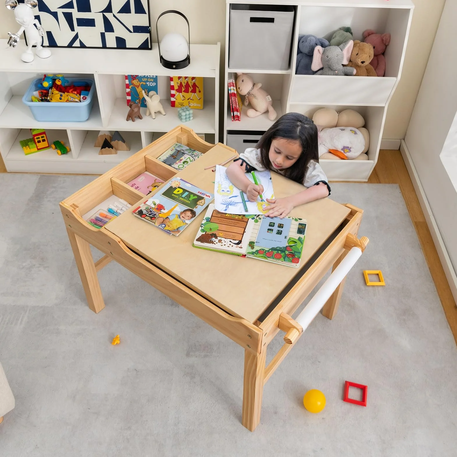LIFEZEAL 2 en 1 Mesa de Actividades Infantil, Mesa de Dibujo y Bloques de Construcción con Espacio de Almacenaje, Bandeja Reversible, Rodillo para Papel, Escritorio de Madera para Niños (Natural)