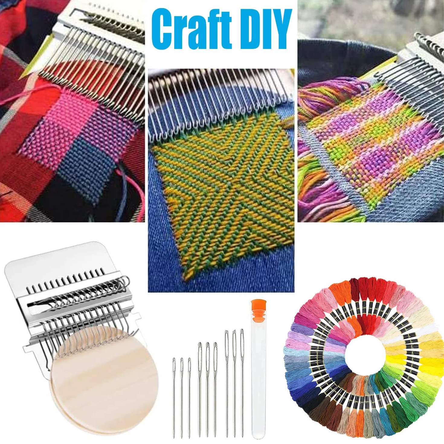 Allazone Telar Pequeño para Tejer, 21 Hooks Máquina de Tejer en Telar de Madera, 50 Color Hilo de Bordar para remendar Jeans, Calcetines y Ropa