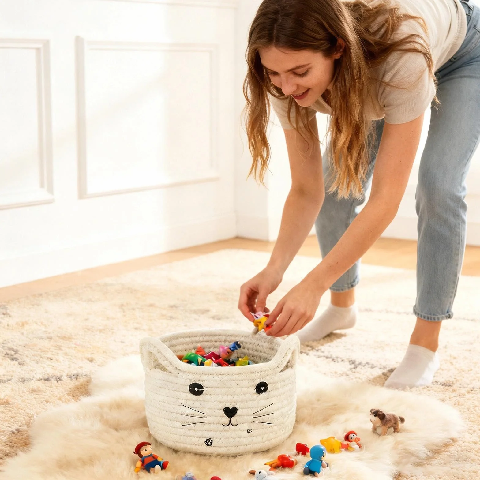Cestas Almacenaje Pequeña Forma de Gato Cajas Organizadoras Baño 21cm Blanca Storage Basket