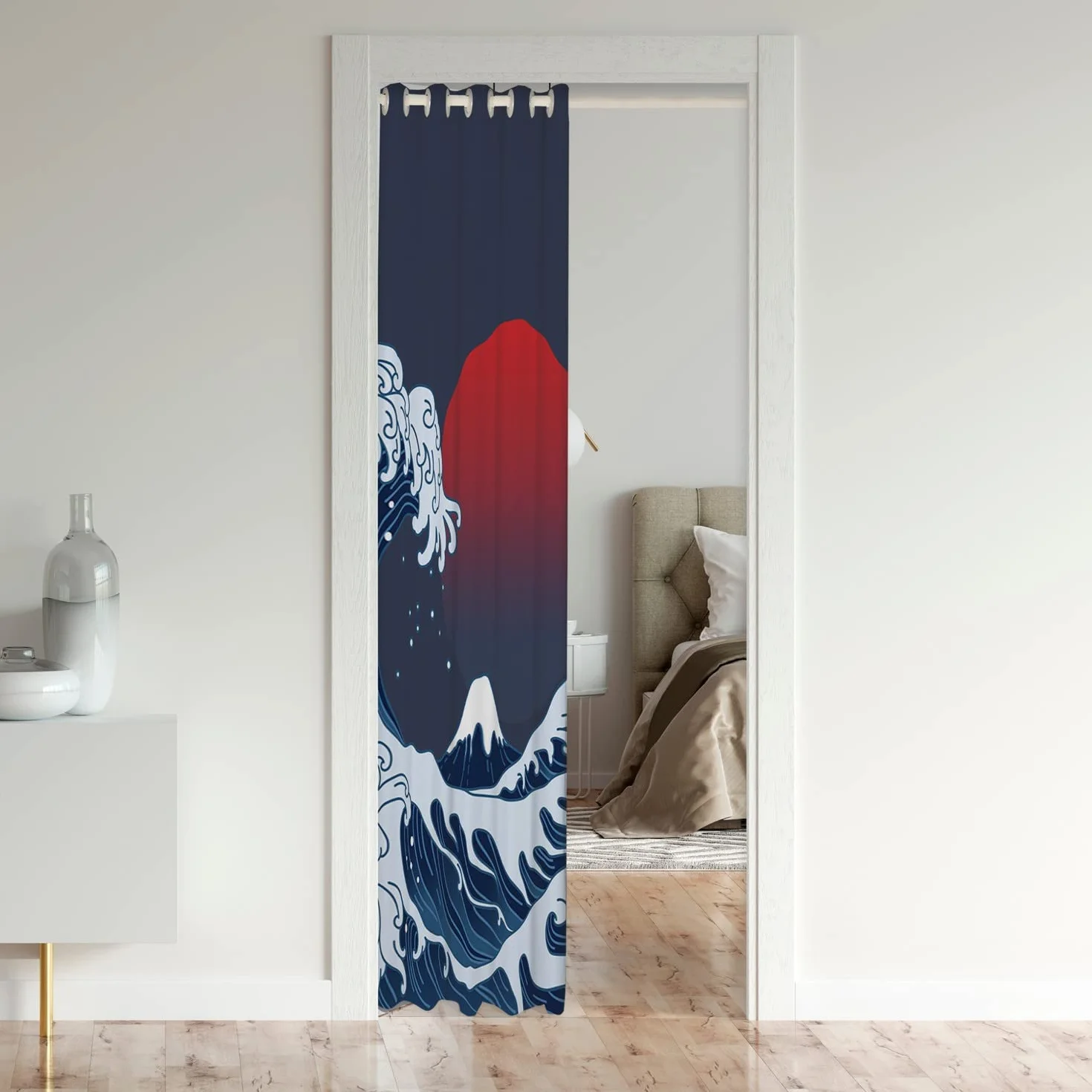 Cortina de puerta de onda japonesa para puerta, 132 x 203 cm, tratamientos de ventana de puesta de sol, decoración del hogar, olas de mar, cubierta de cortina divisora de habitación, cubierta de cort