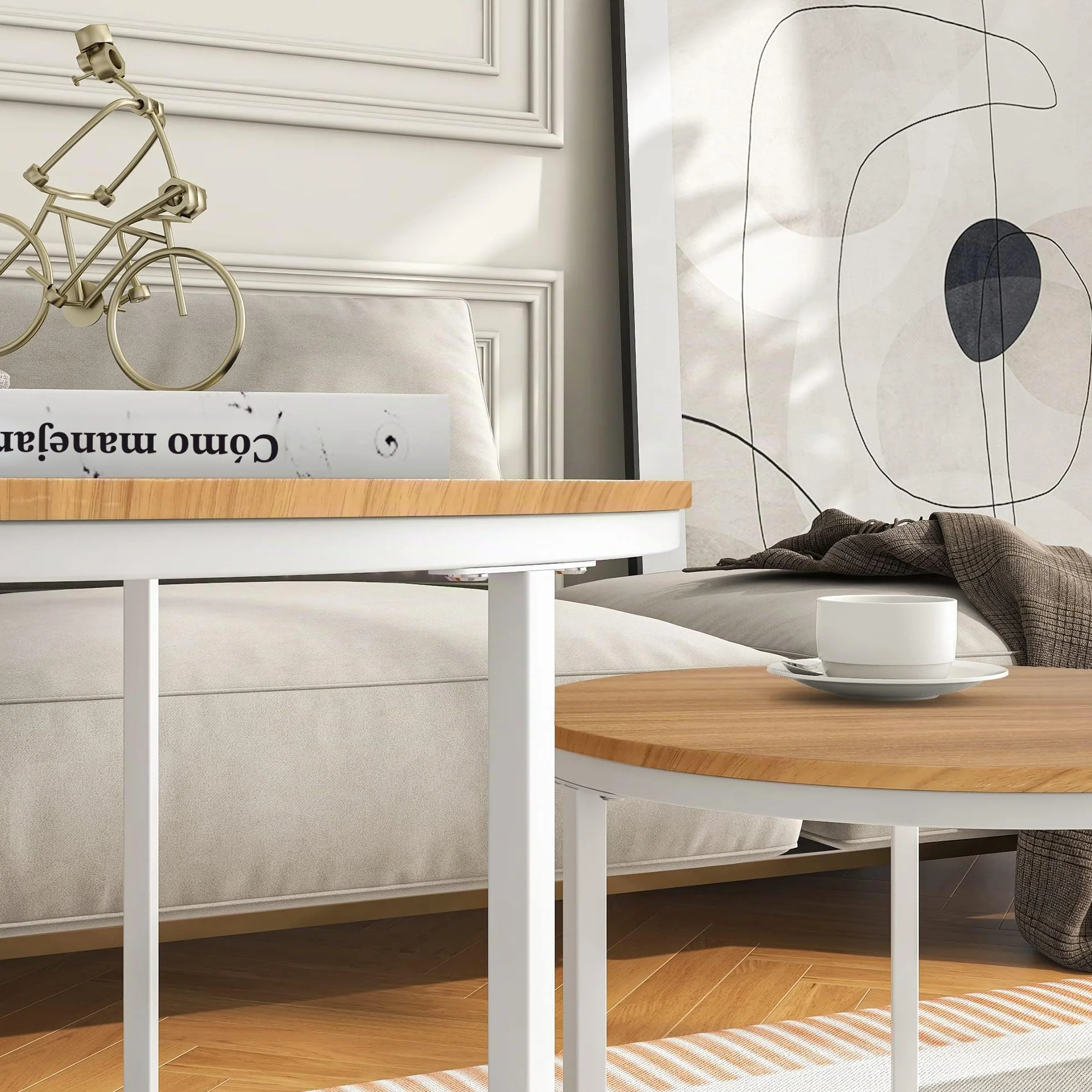 BOFENG Mesa de Centro Redonda Anidable, Juego de 2 Mesas Auxiliares para Sala de Estar/Dormitorio/Espacio Pequeño, Fácil Montaje (Blanco+Roble Oscuro, Juego de 2)