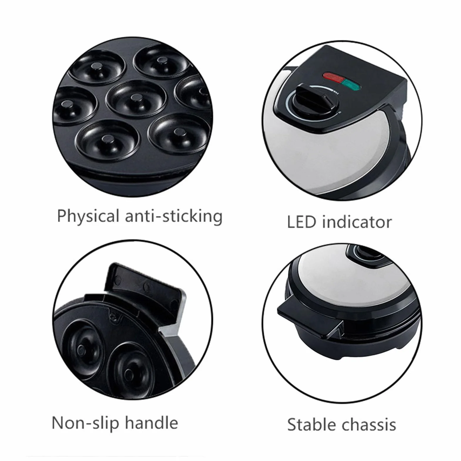 Mini Donut Maker, Recubrimiento Antiadherente Donut Maker para 7 Donuts Pequeños, Molde para Hornear Donuts de 1000W para Desayuno Casero Postres Aperitivos