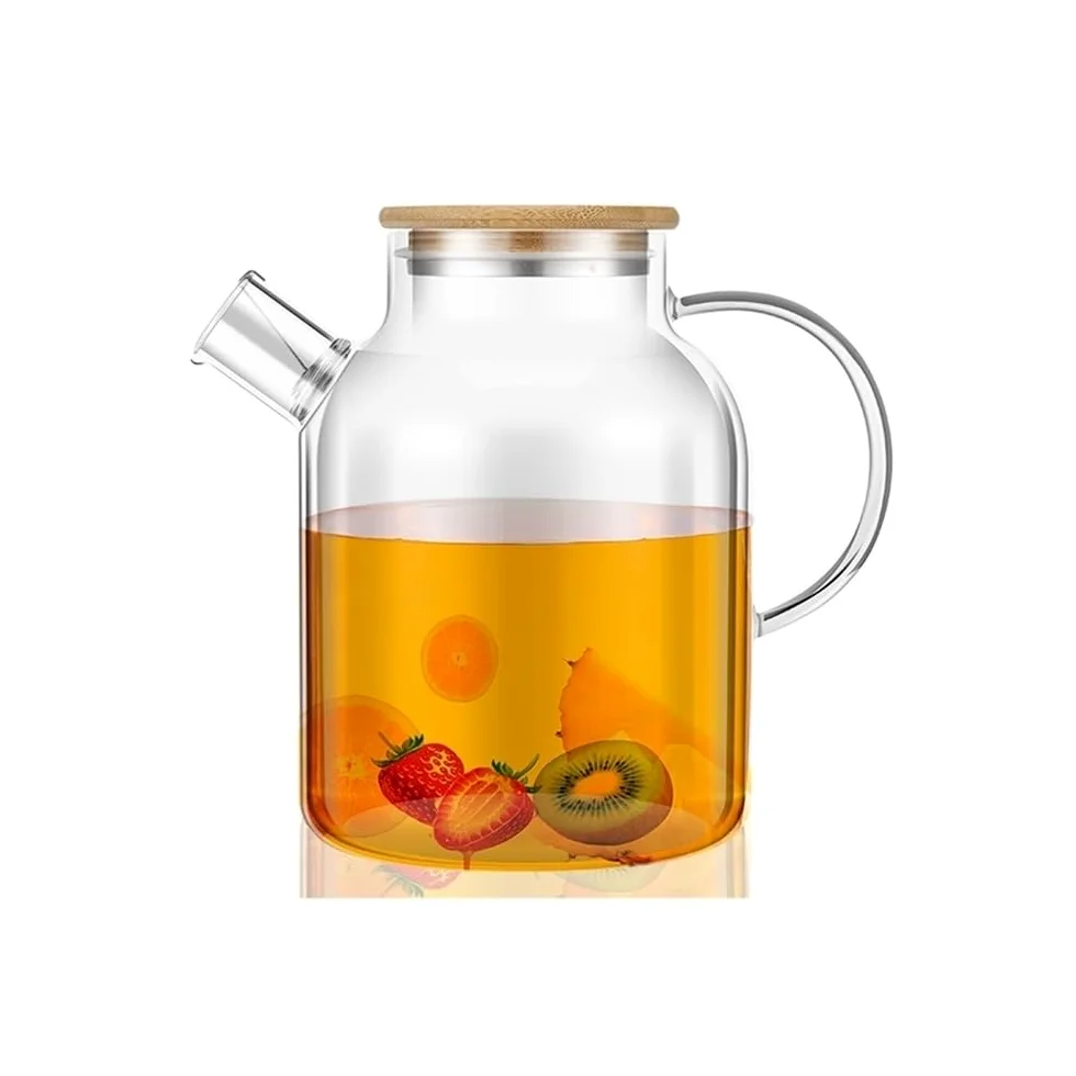 Jarra de agua Jarra de vidrio con tapa de bambú, 1800 ml, resistente al calor, con asa, ideal for bebidas frías y calientes Olla de vidrio