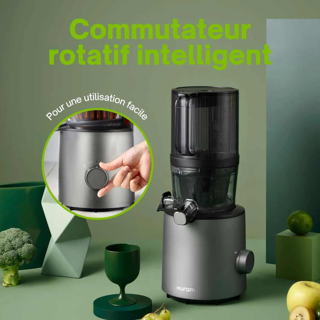 HUROM | Exprimidor de verduras y frutas | Slow Juicer | H201 | Prensado en frío | Motor silencioso | Fácil de limpiar | Esfera inteligente | Mega embudo 2L | Libre de BPA (titanio)