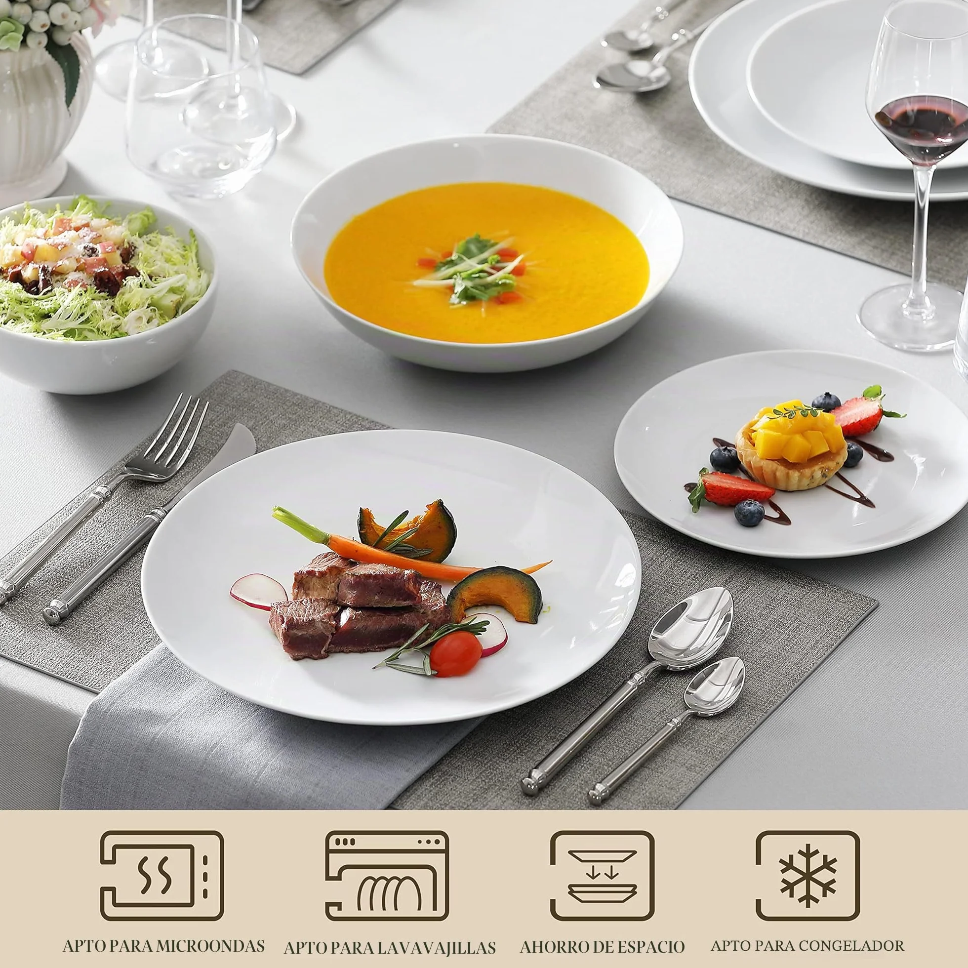 MALACASA AMELIA Vajillas Completas 6 Personas, 24 Piezas – Juego de Porcelana Gourmet Moderna con 6 Platos Llanos, 6 Platos de Postre, 6 Cuencos y 6 Platos Hondos, Apto para Microondas y Lavavajillas