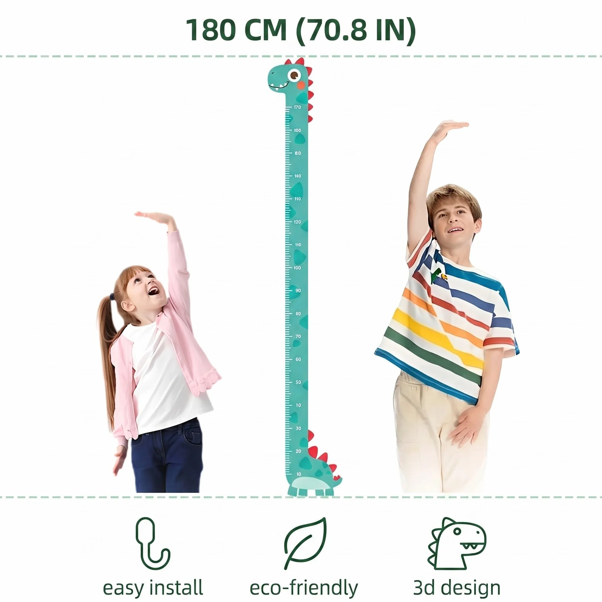 Medidor Altura Niños Pared Plástico Magnético 3D Dinosaurio Decoración Cuarto Infantil Verde