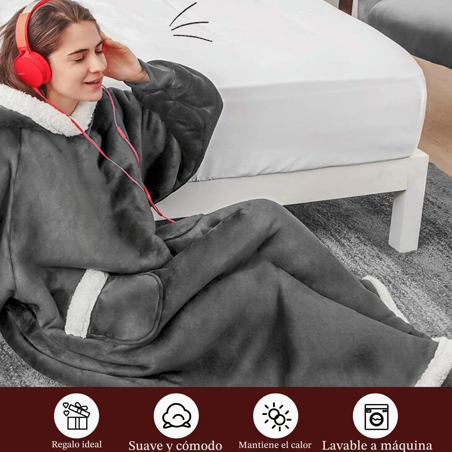 Manta con mangas y capucha para TV para adultos, manta suave y cálida con mangas