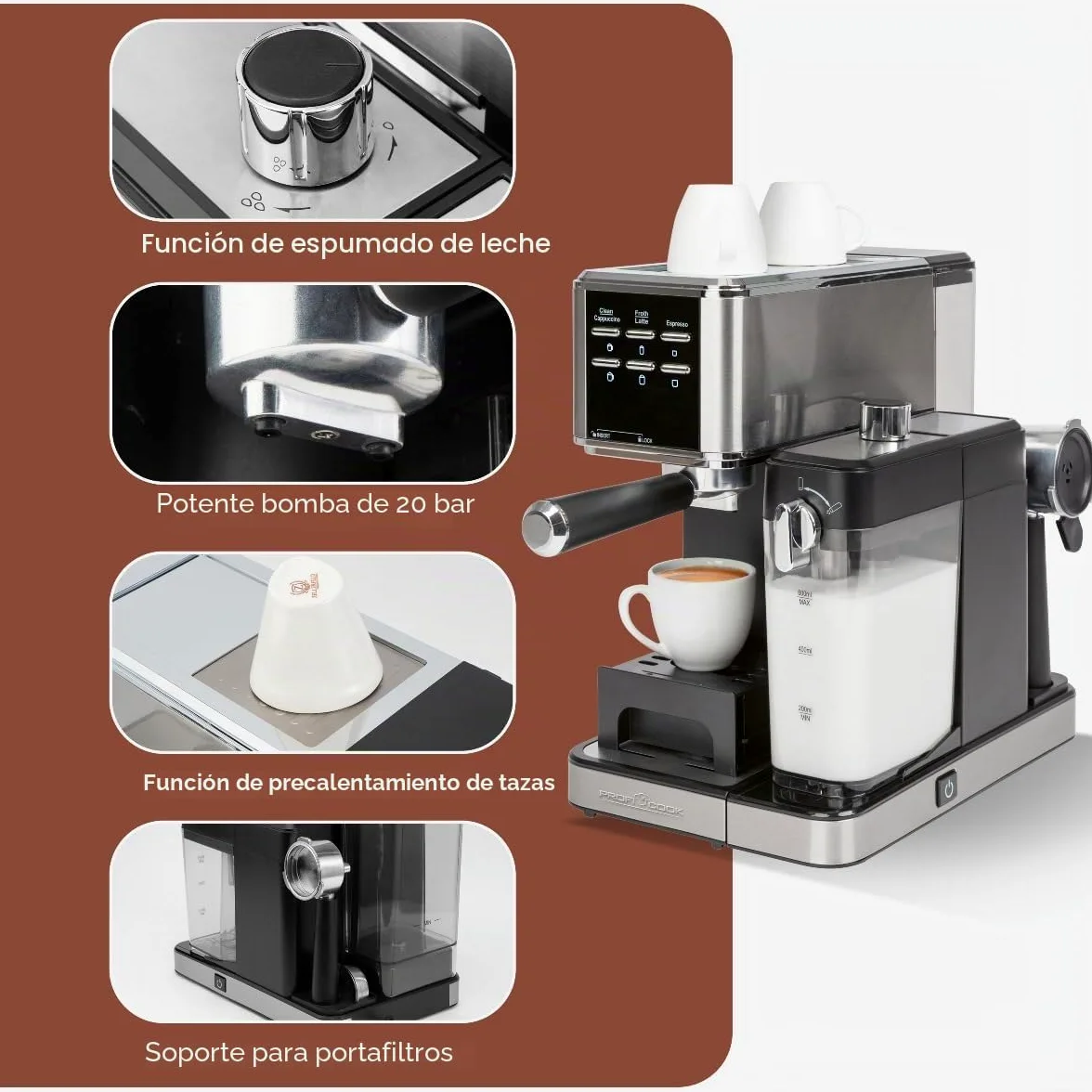 ProfiCook® cafetera espresso 2en1 para café en polvo y cápsulas compatibles Nespresso - máquina portafiltro 20 bar - con sistema de leche para latte y cappuccino- portafiltro para espresso- PC-ES 1266