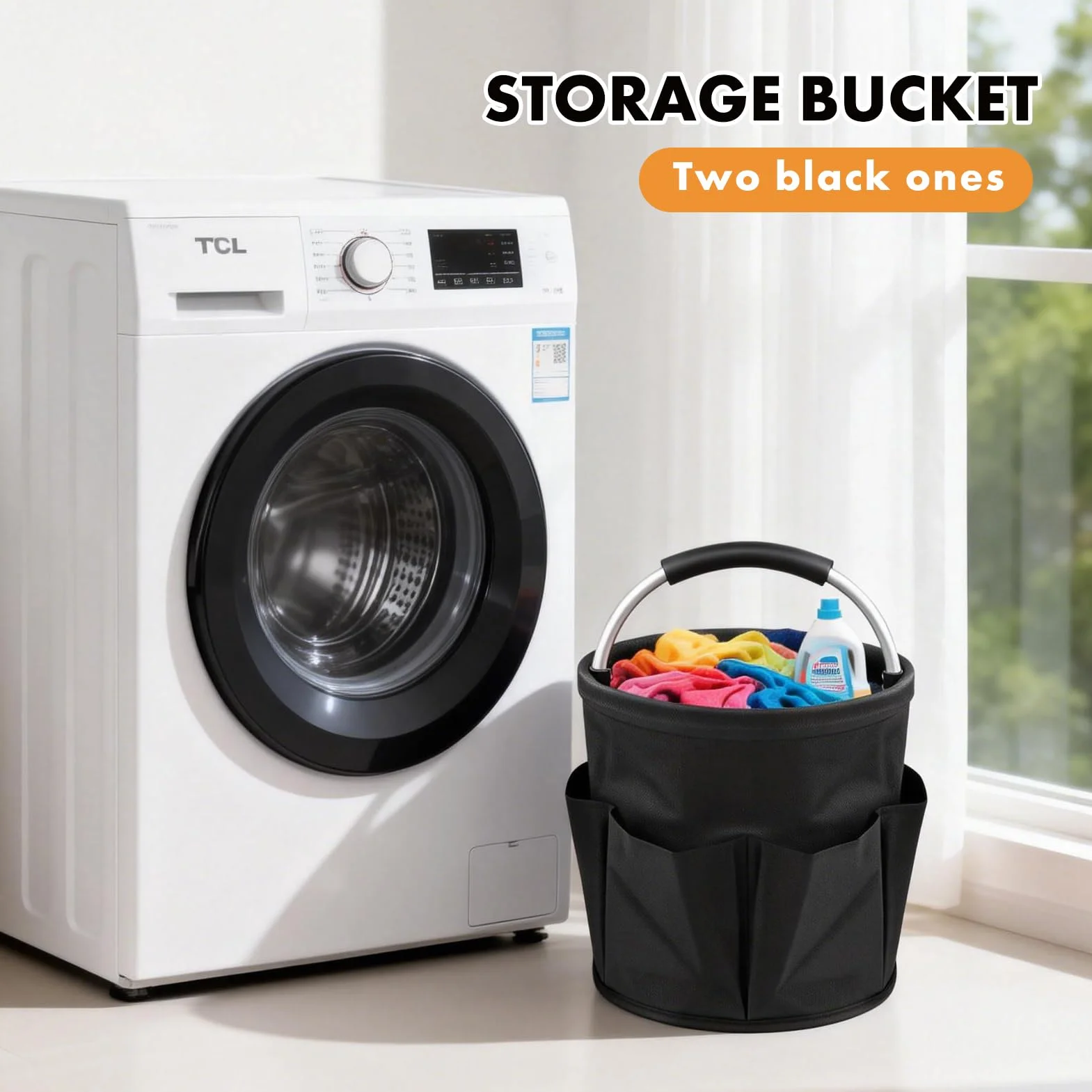 Organizador de Limpieza Plegable de 2 Piezas, Cubo 17L con Asa y 6 Bolsillos, Bolsa Almacenamiento de Tela Oxford 600D Impermeable, Cubo Portátil Multiusos para Hogar, Baño, Jardín,Negro