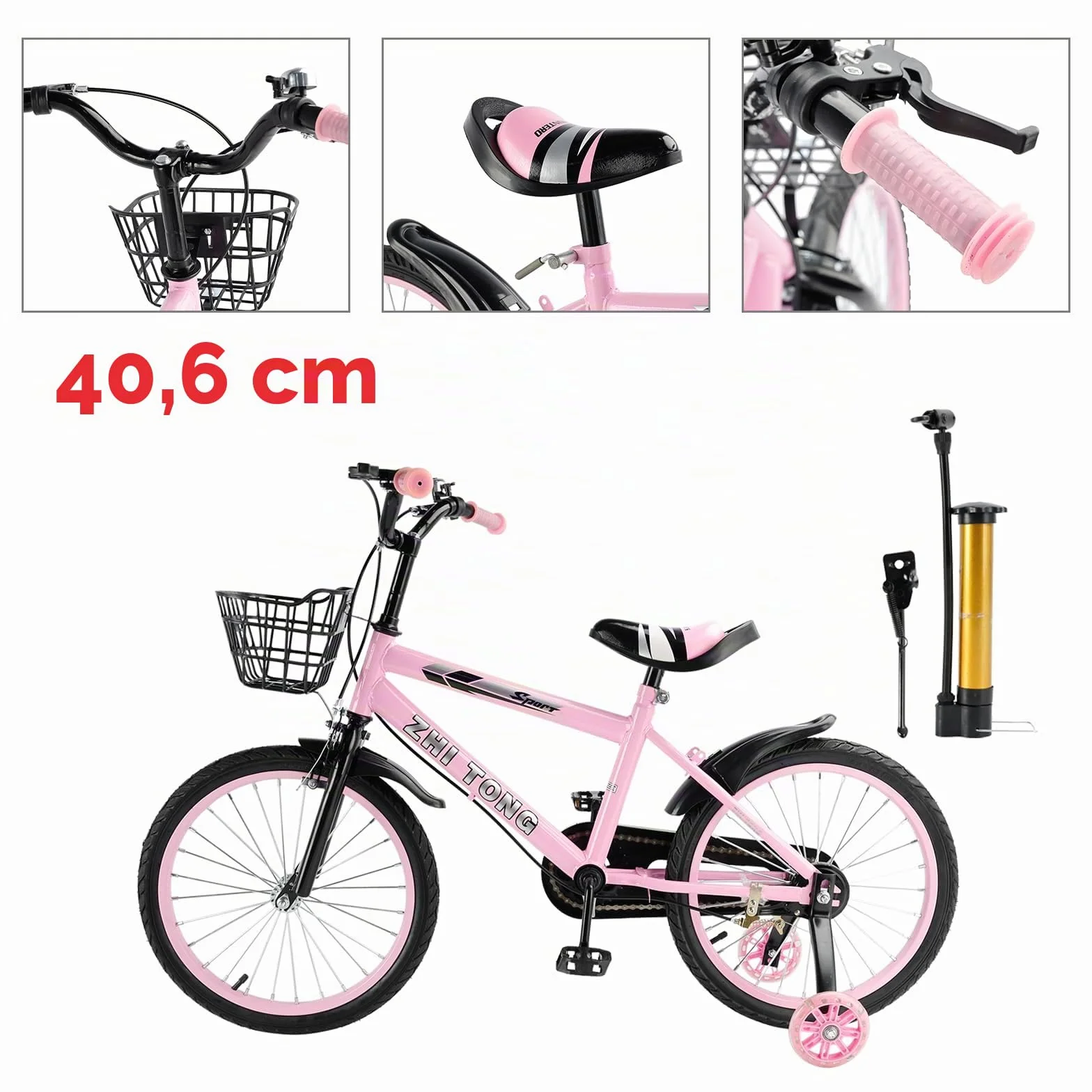 Bicicleta infantil 16 pulgadas, Marco acero carbono, Frenos dobles, Ruedas apoyo desmontables