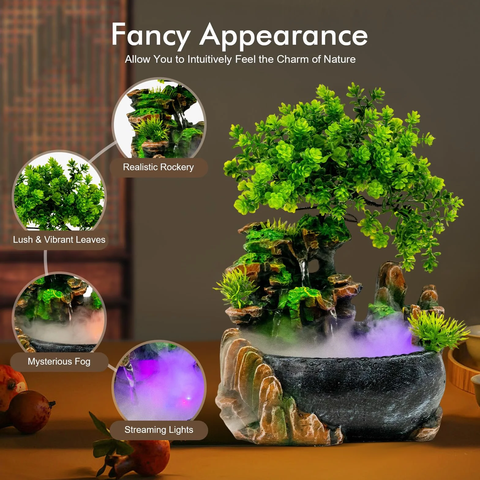 Fuente de escritorio, fuente de habitación con iluminación LED, fuente de mesa interior cascada con niebla, fuente de habitación con plantas, fuente para sala de estar, escritorio verde