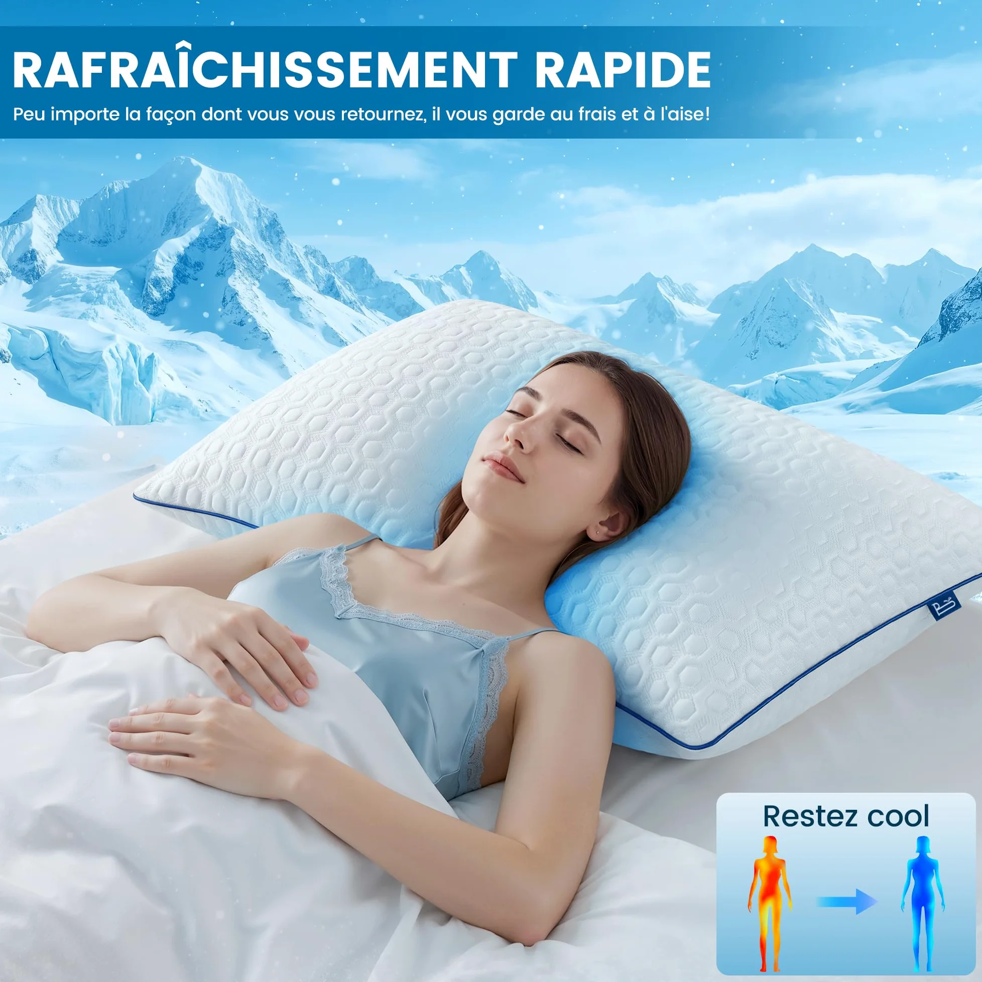 BedStory - Juego de 2 almohadas de memoria (50 x 70 cm), diseño de cereales ergonómicos, con infusión de gel refrescante, funda lavable de seda helada, altura personalizable, hipoalergénica