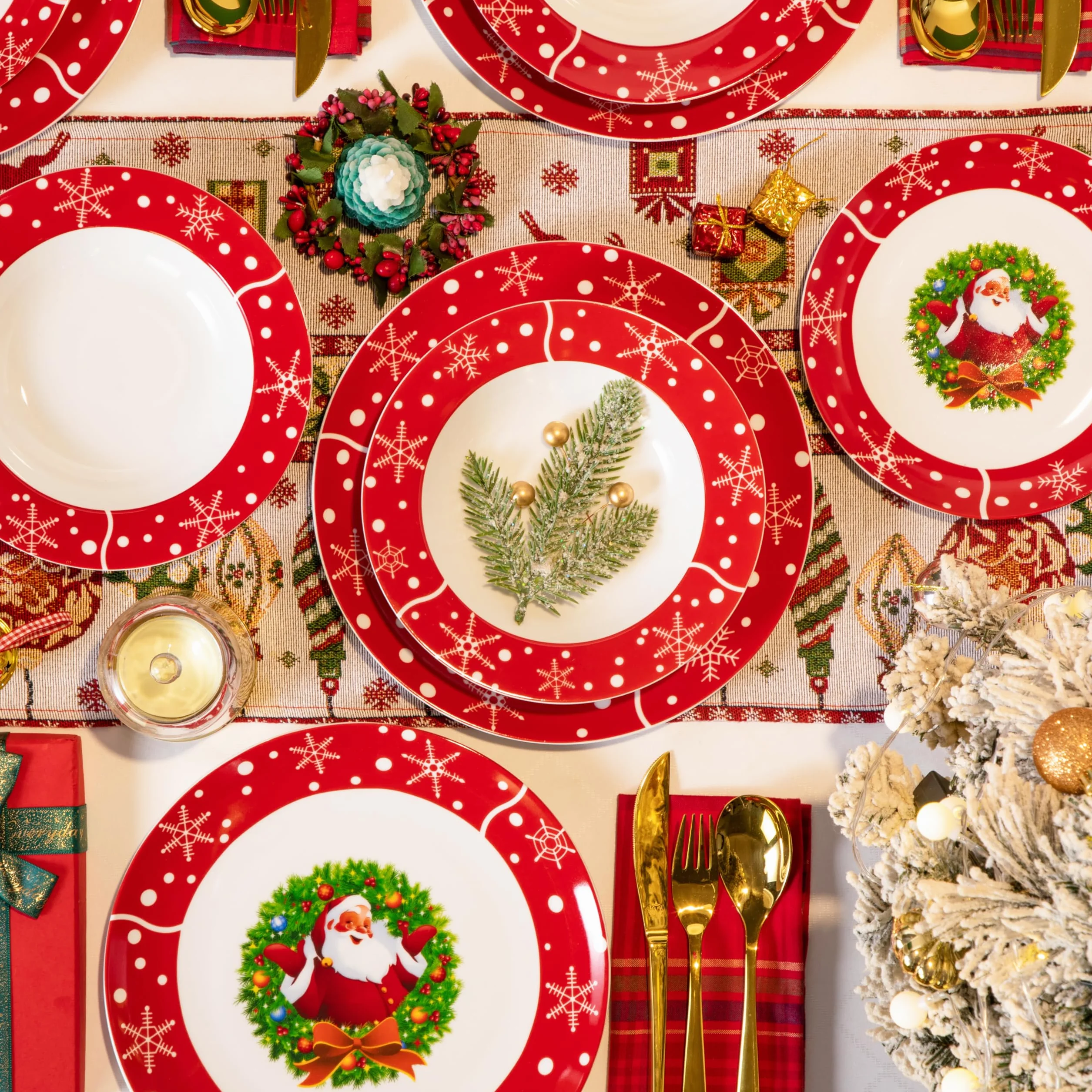 VEWEET, Vajilla de Navidad de 18 Piezas para 6 Personas en Porcelana, con Platos Llanos, de Postre y Hondos, Decoración Navideña Roja con Motivo de Papá Noel, Serie SANTACLAUS