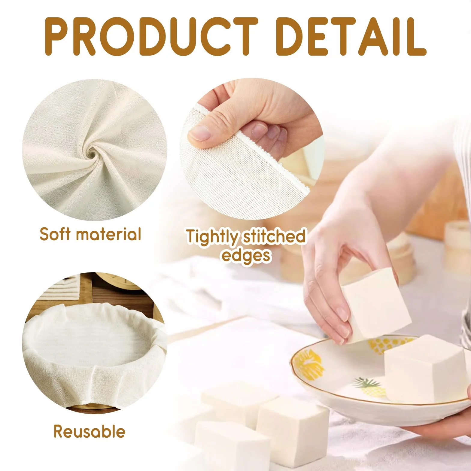 3 Piezas Tela Filtrante Reutilizable, 50 x 50 cm Paño para Queso, Cheese Cloth, Colador Tela para Queso Filtros de Muselina Alimentos para Colar Jugo, Queso, Té, Especias