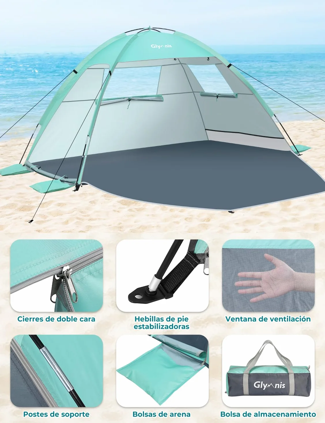 Carpa de Playa para 2-3 Personas, Doble Puerta Cremallera, Ventilación, Protección UPF 50+, Varar Parque Pescar