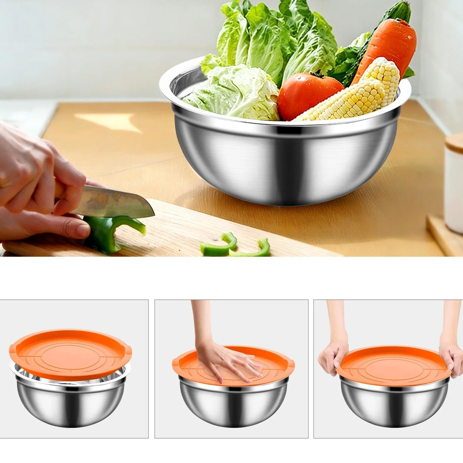 Juego de Bol para Mezclar con Tapa Acero Inoxidable Apilable Antideslizante | Ideales para Ensaladas y Preparaciones Para Salsas, Snacks, Huevos, Aderezos, Verduras, Masa Y Frutas