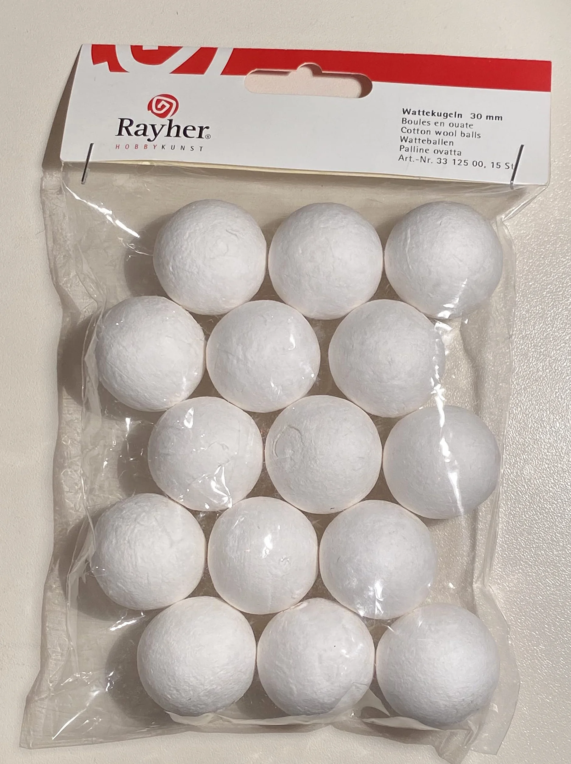 Rayher 3312500 - Bolas de Lana de algodón - Pack de 30 mm de diámetro, Bolsa de autoservicio/Pack de 15 Unidades, Color Blanco