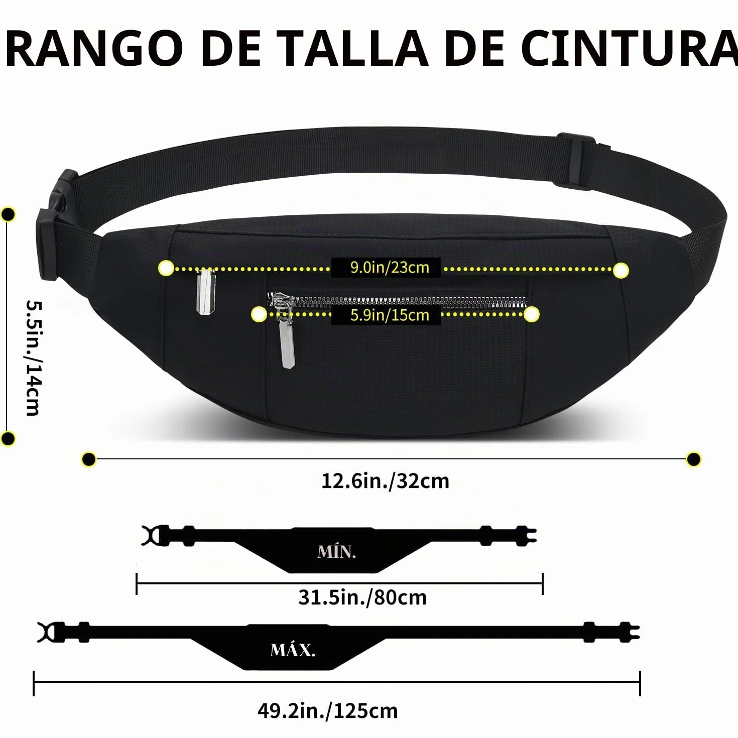 QUKUDS Riñonera Impermeable Mujer Hombre Bolso de Cintura Deportiva con Cinturón Ajustable Negro