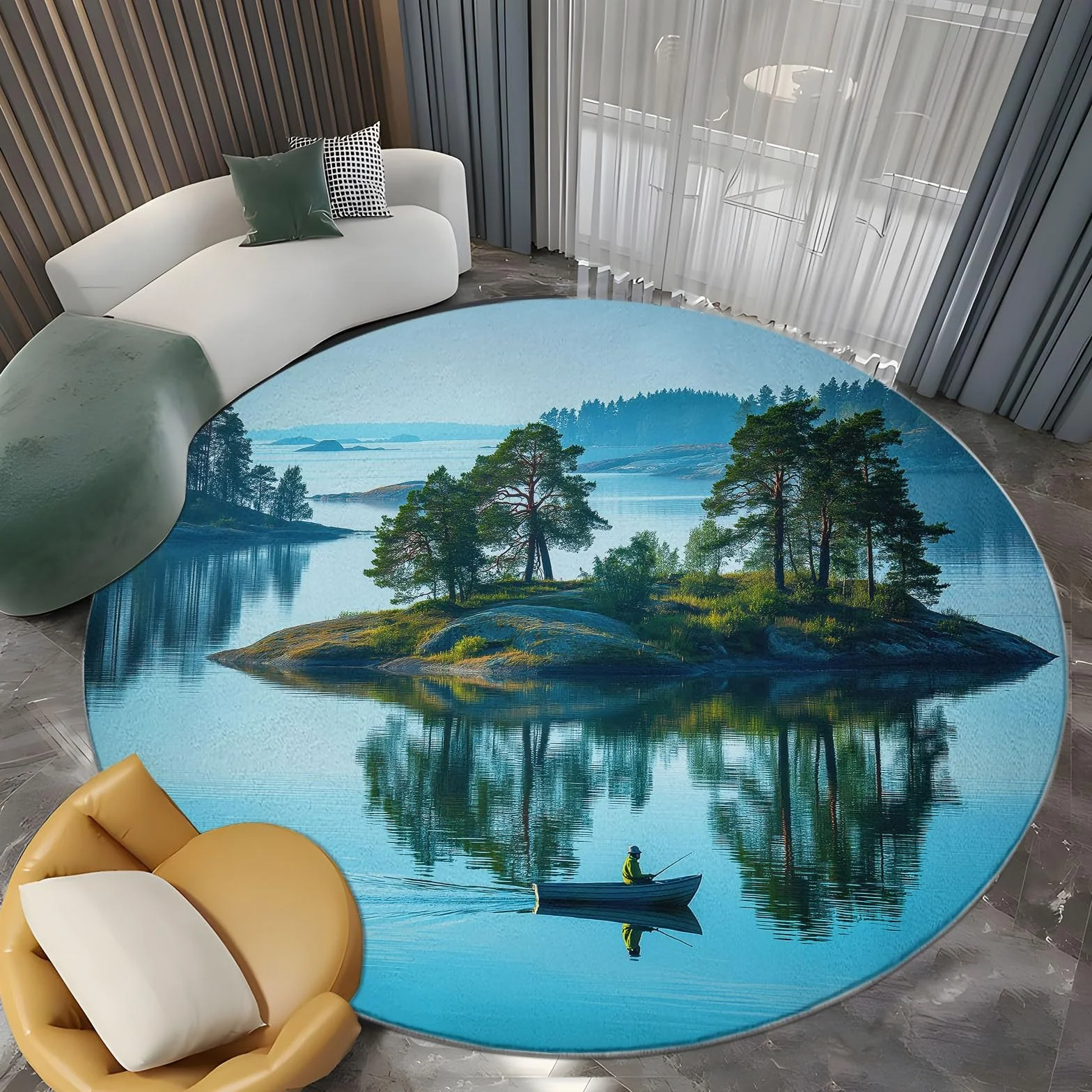 Pescador en una isla aislada alfombra de salón redonda 120 cm alfombra interior, paisaje natural, alfombra antideslizante suave y esponjosa para comedor, dormitorio, sofá o sala de juegos, habitación
