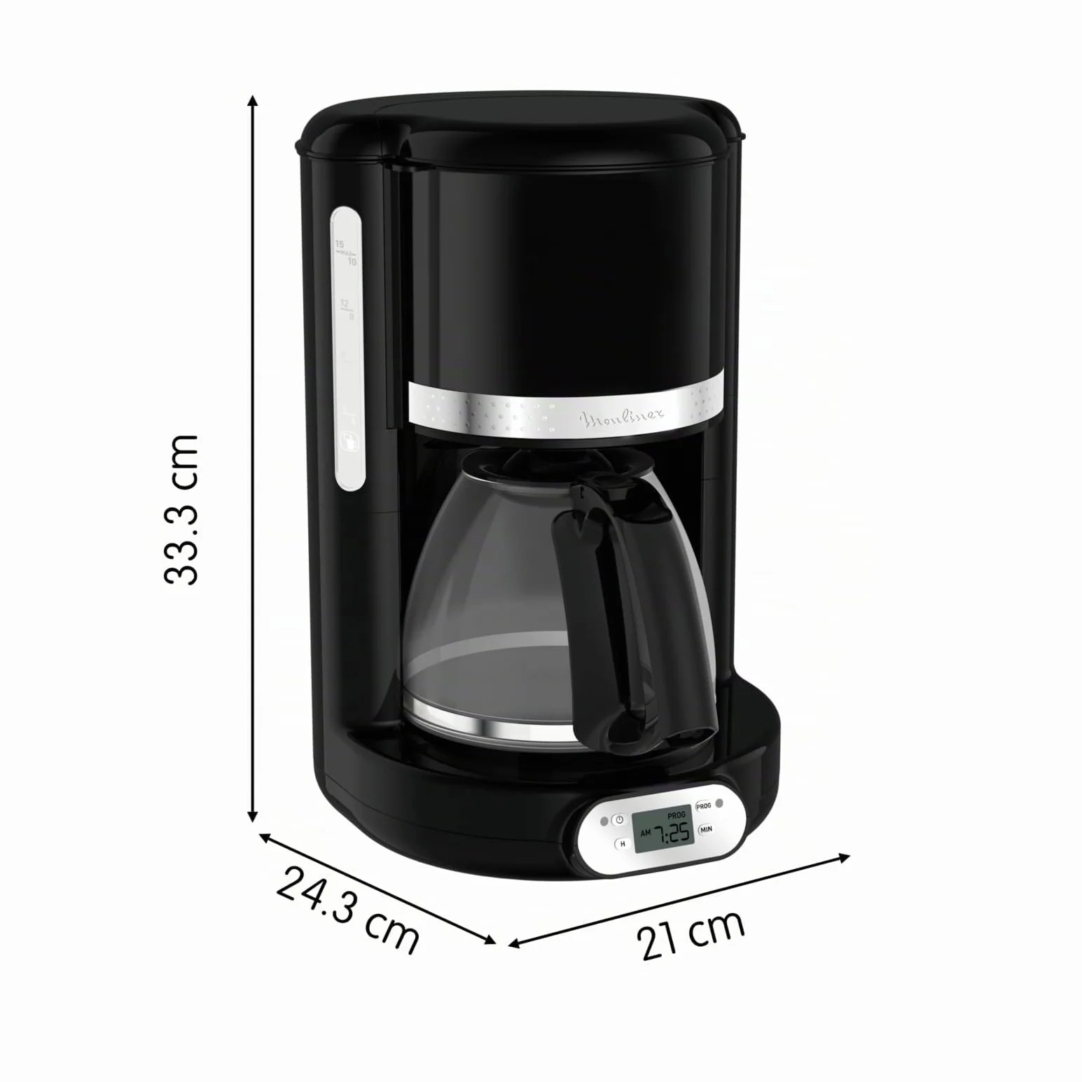 Moulinex Soleil – Cafetera filtro, capacidad de 1,25 L, hasta 15 tazas, control nivel del agua, temporizador programable, función mantener caliente, jarra cristal, color negro, FG380B