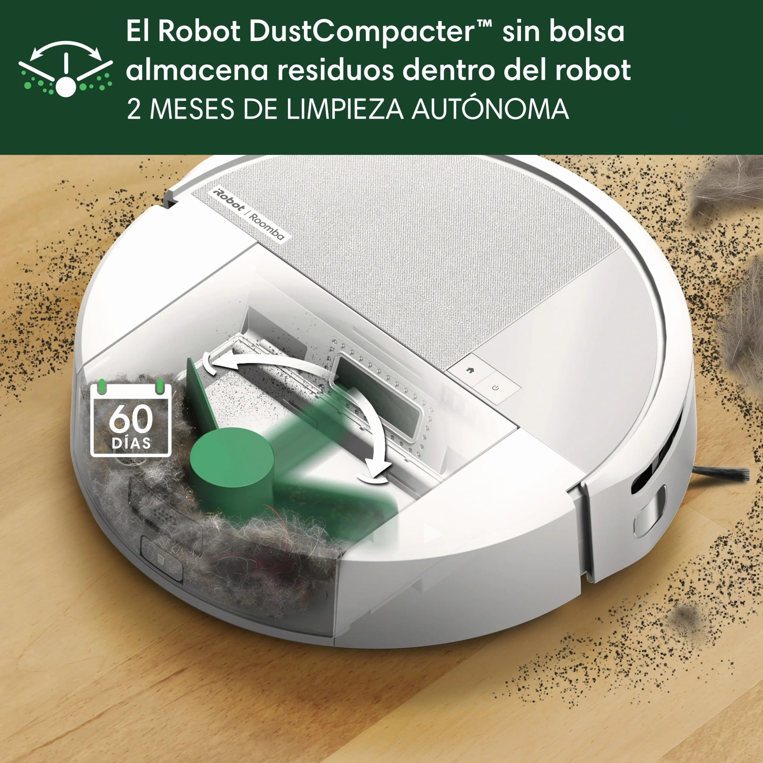 iRobot Roomba 205 DustCompactor Combo robot, compacta suciedad en interior, autonomía 60 días sin vaciar el robot, sin bolsa, succión potente, 7000Pa, navegación LiDAR, limpieza multisuperficie, App_B