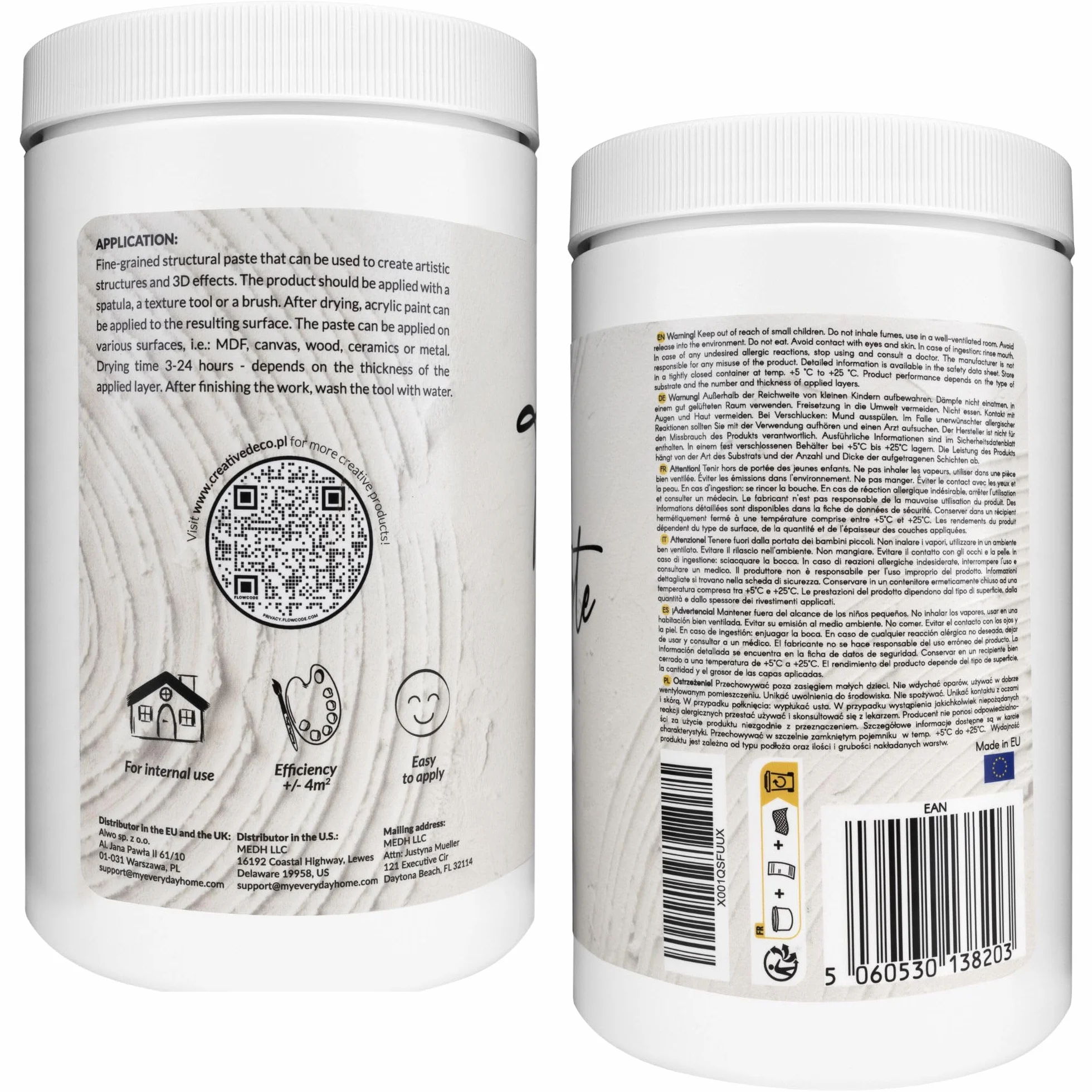 Creative Deco Pasta Estructural de Grano Fino 2 kg | Pasta Blanca para Proyectos Artísticos para Pintura Acrílica | Fácil de Usar con Espátula para Crear Efectos 3D, Estructuras, Texturas