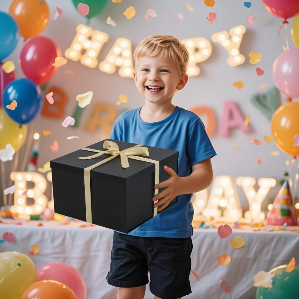 Caja de regalo grande Negro con tapa 42 x 32 x 15,5 cm, Cajas de Regalo Premium con Tapa y Cinta para Regalos de San Valentín, Navidad Incluye Papel seda triturado Tarjetas sobre
