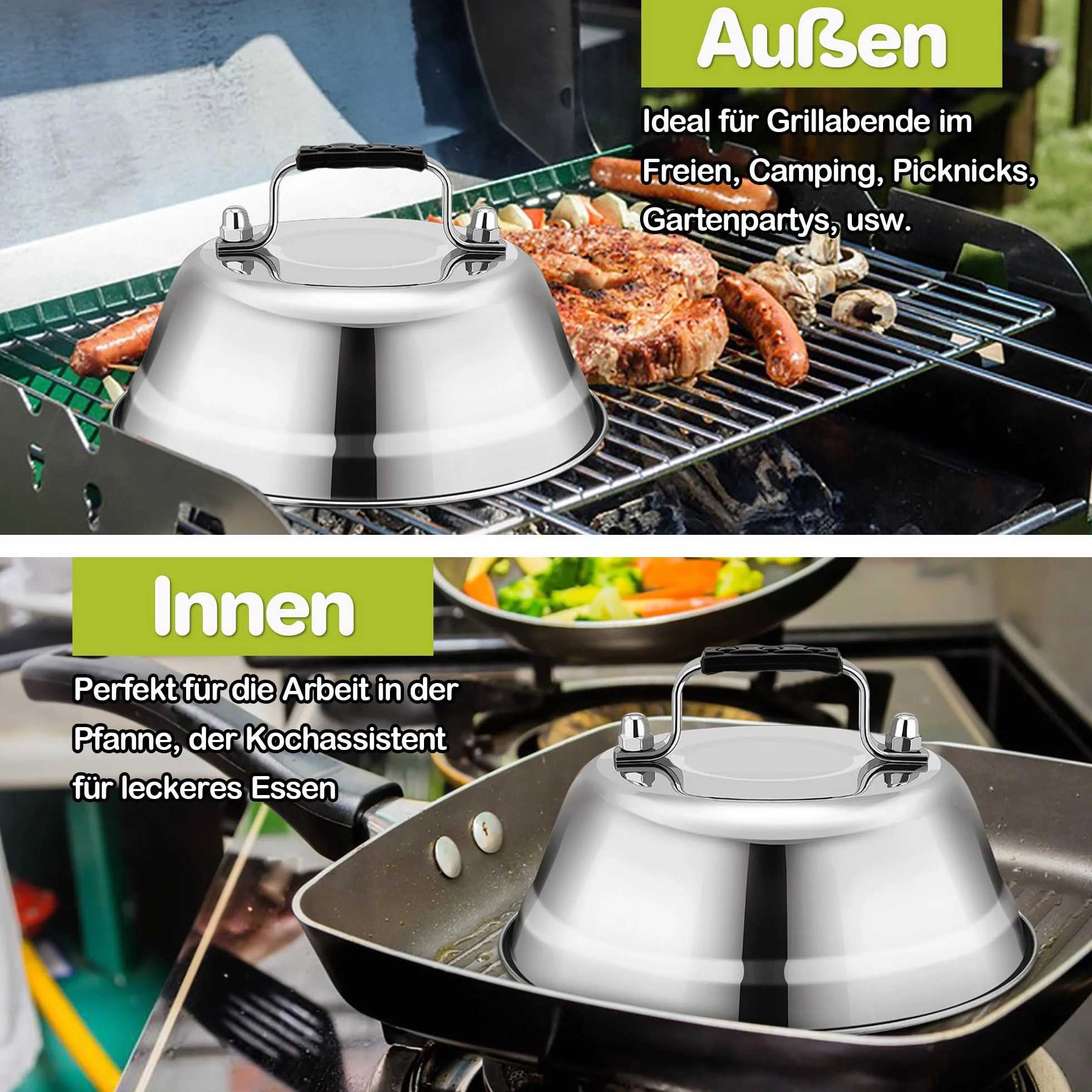 HaWare Campana para hamburguesas, 4 unidades, acero inoxidable, con mango de goma, para barbacoa, carne, queso, teppanyaki, exterior e interior, apto para lavavajillas, 16,8 x 6 cm