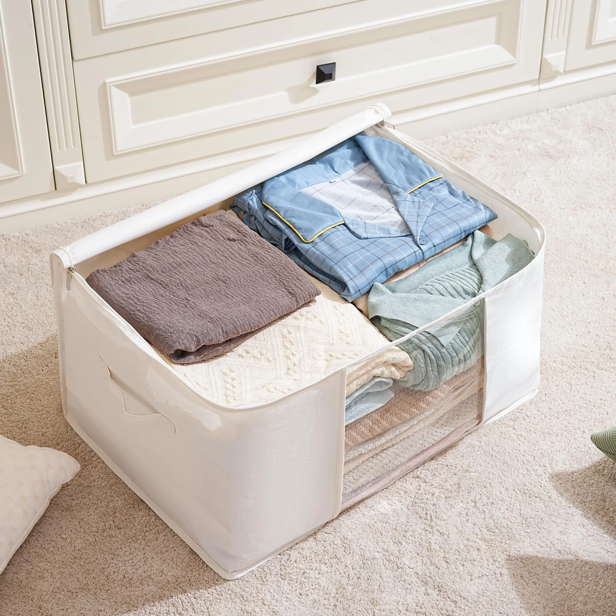 TYEERS Bolsas de Almacenaje de Tela Mezclada con Algodón, con Cremallera y Ventana Transparente, Organizador Armario para Ropa de Temporada y Ropa de Cama, 60x40x35 cm, Paquete de 2, Beige