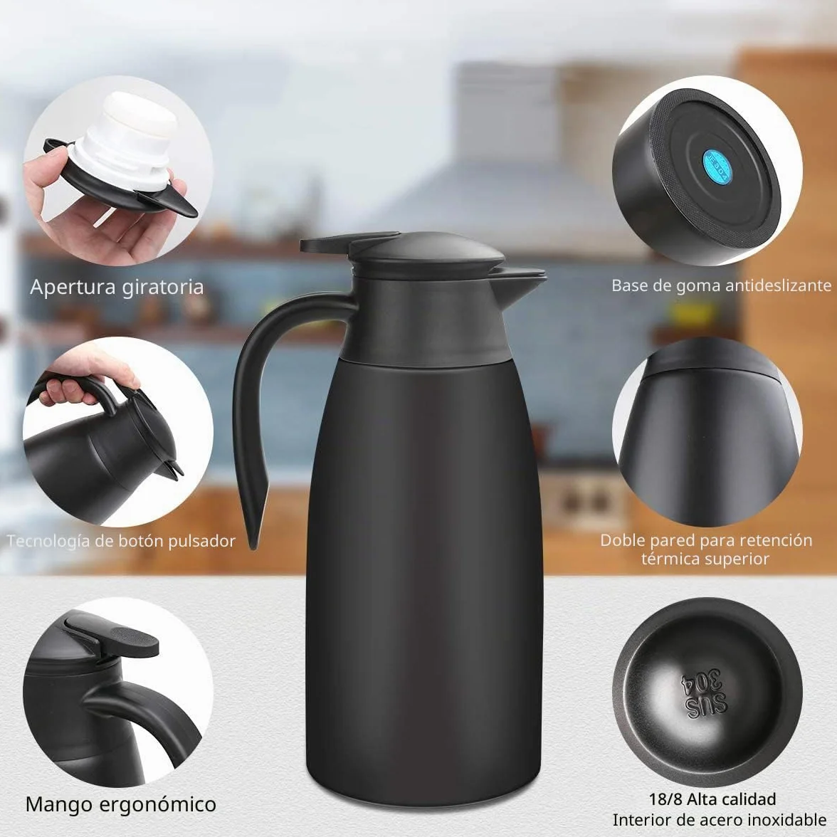 Jarras térmicas de 2 litros de acero inoxidable con cierre Quick Tip, jarra de vacío de doble pared para té y café, color negro