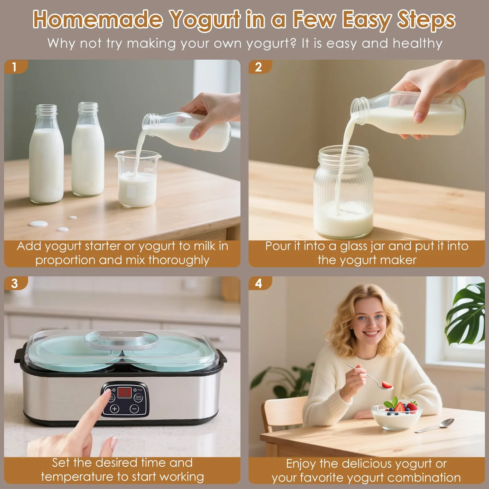 Yogurtera con pantalla LED y 2 recipientes de cristal de 1000 ml, con temperatura ajustable y temporizador, para yogurt, queso, natto, postres saludables