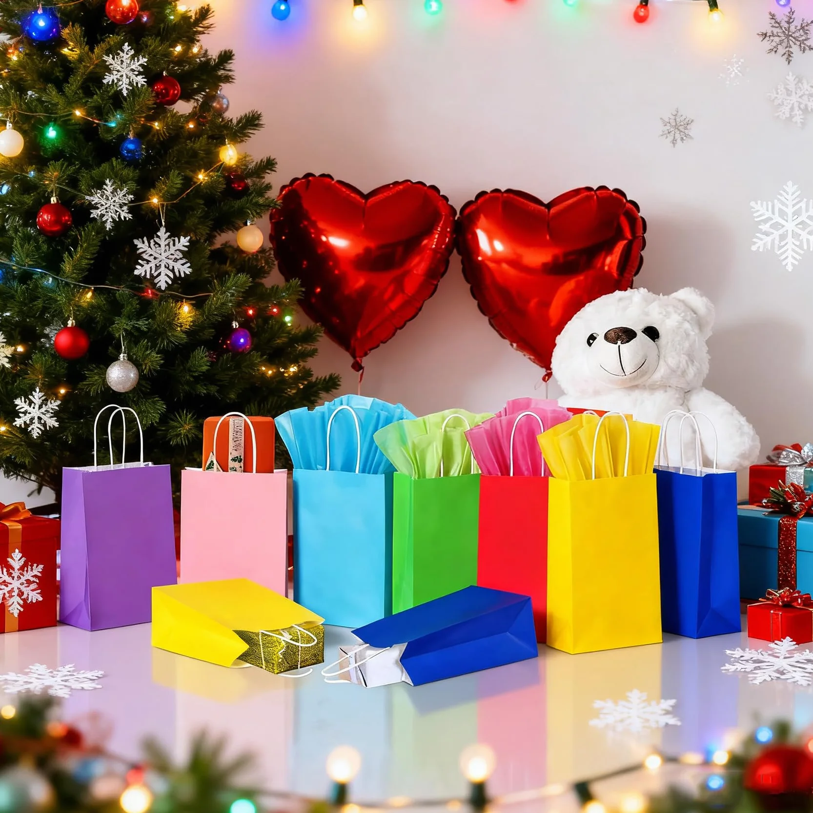 SHUBEIEUMI Paquete de 10 Bolsas de Regalo, Bolsas de Papel Kraft con Asas, 21 x 15 x 8 cm, Reutilizables Bolsas de Regalo para Embalaje Fiestas de Cumpleaños Bodas-Colorido