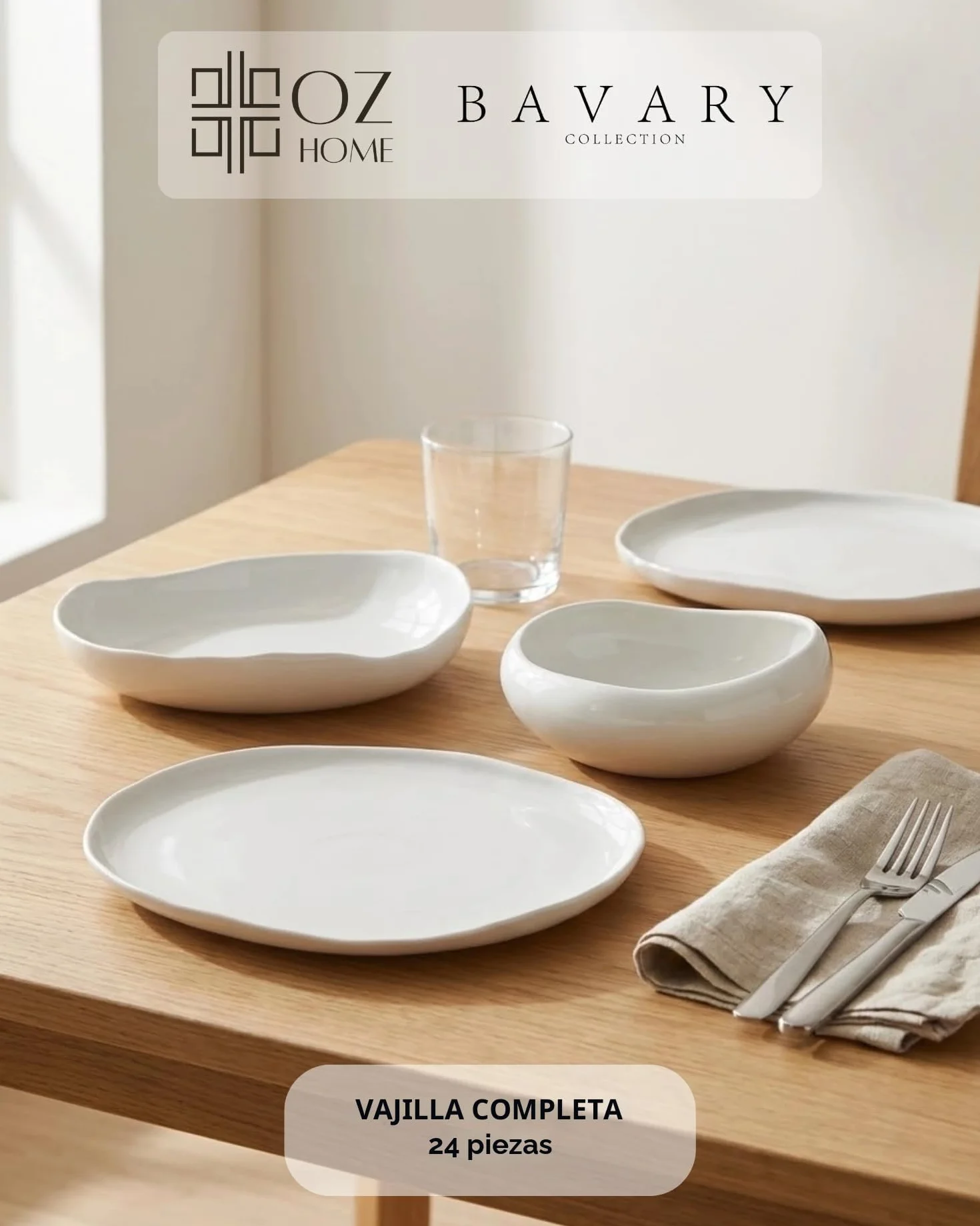 BAVARY Capital Vajilla de Porcelana 24 Piezas para 6 Personas – Vajilla Blanca de Estilo Escandinavo – Set de Platos y Cuencos para Cena, Brunch y Mesa Festiva – Apta para Lavavajillas y Microondas