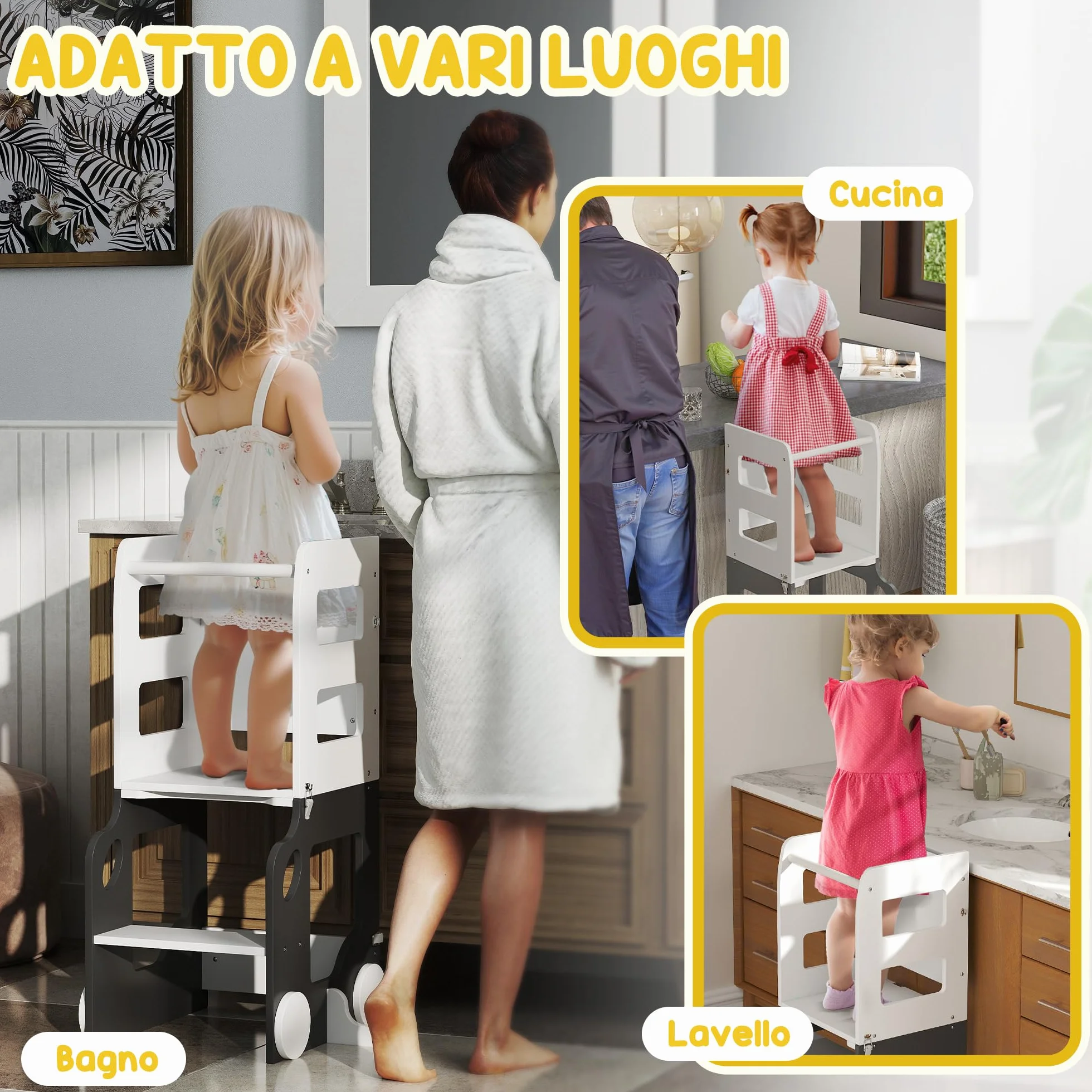 AIYAPLAY Torre de Aprendizaje Montessori 4 en 1 Taburete para Niños +3 Años 58x46x92 cm Blanco y Gris