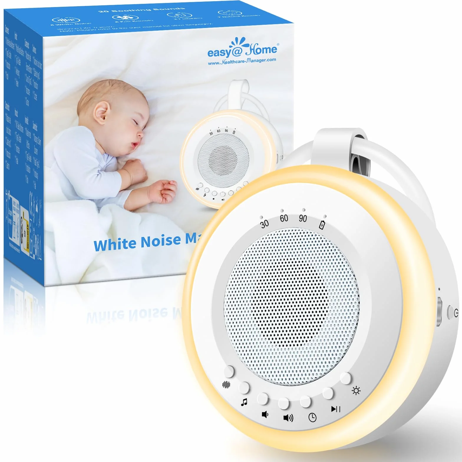 Easy@Home Máquina de Ruido Blanco para Dormir Bebé 20 Sonidos Relajantes Luz Nocturna Ajustable Temporizador Recargable USB