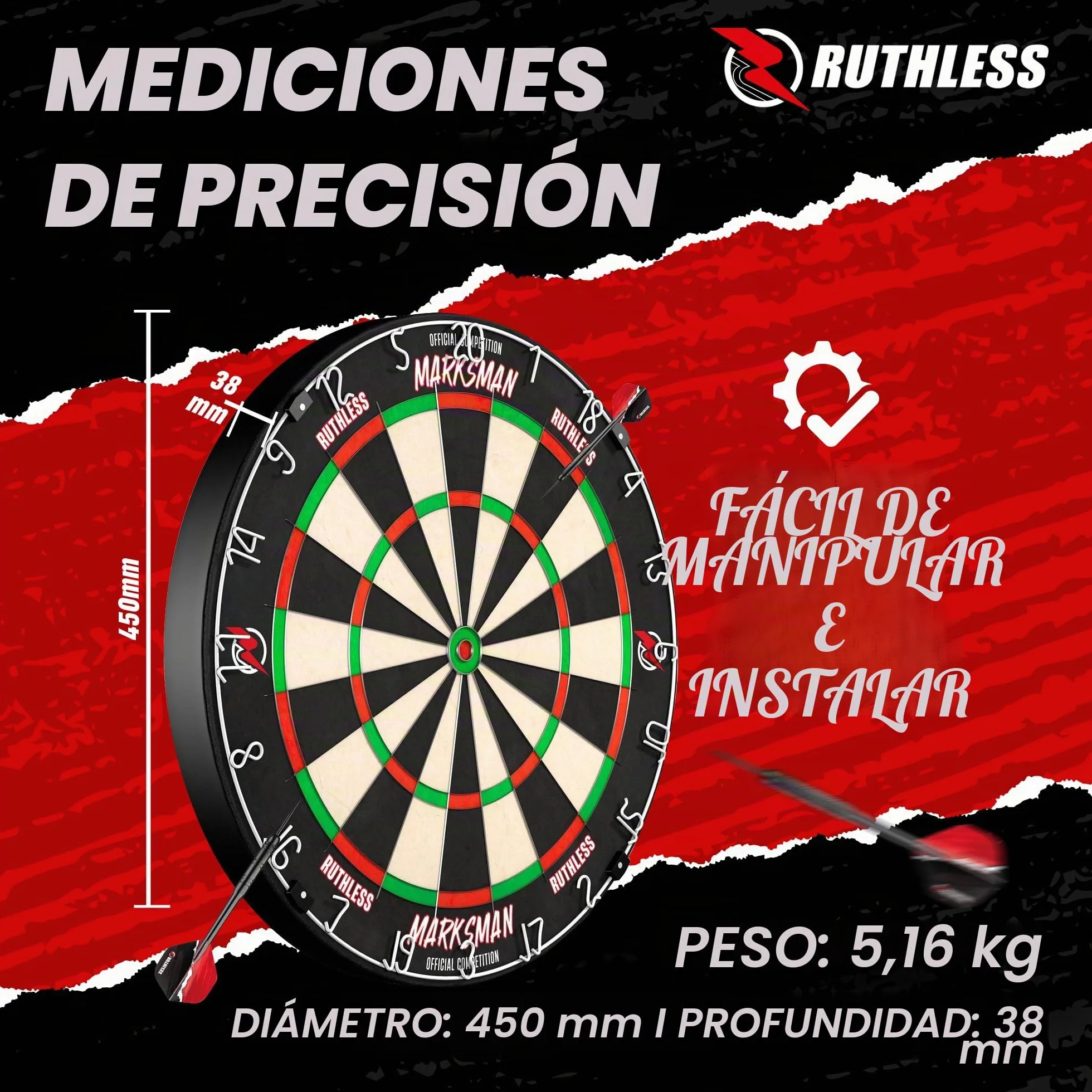 RUTHLESS Tablero de dardos Marksman de sisal para dardos con punta de acero