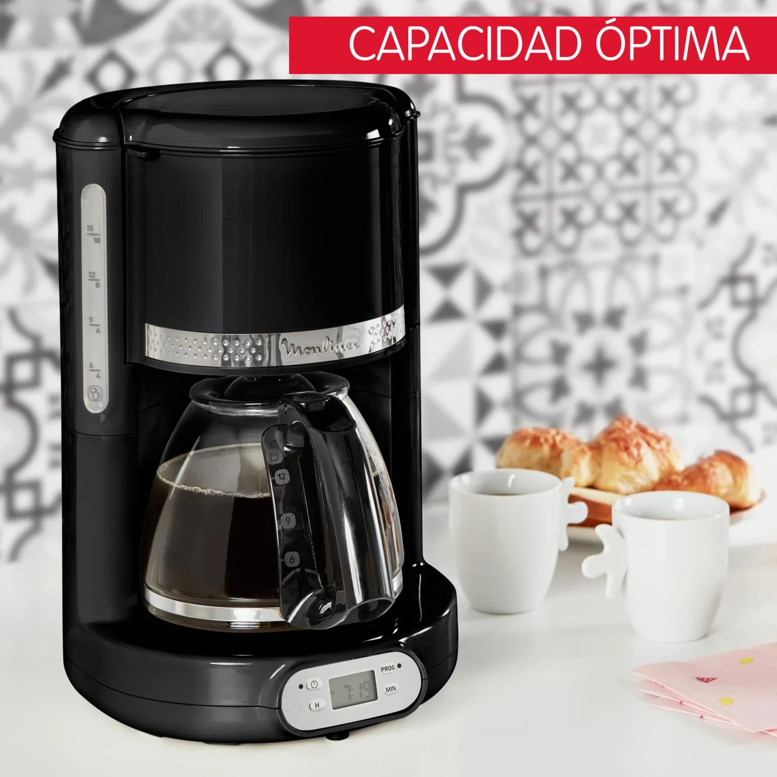 Moulinex Soleil – Cafetera filtro, capacidad de 1,25 L, hasta 15 tazas, control nivel del agua, temporizador programable, función mantener caliente, jarra cristal, color negro, FG380B