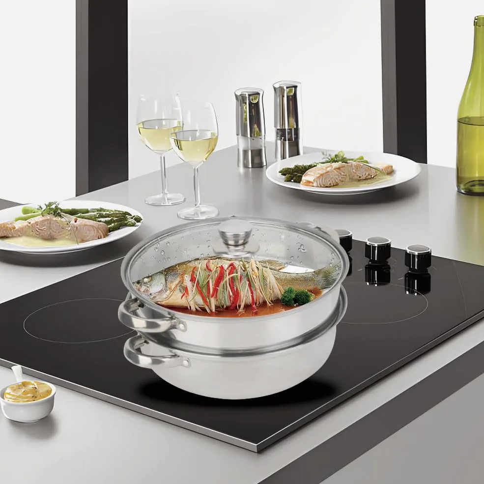 Tiiyee Steamer For Cooking, Vaporera De InduccióN Apilable Para Papas Mini Con Tapa Vidrio Cocinar Vapor Acero Inoxidable 2 Capas Olla Doble Caldera DiseñO Poroso Carne Y Ver Utensilios Cocina