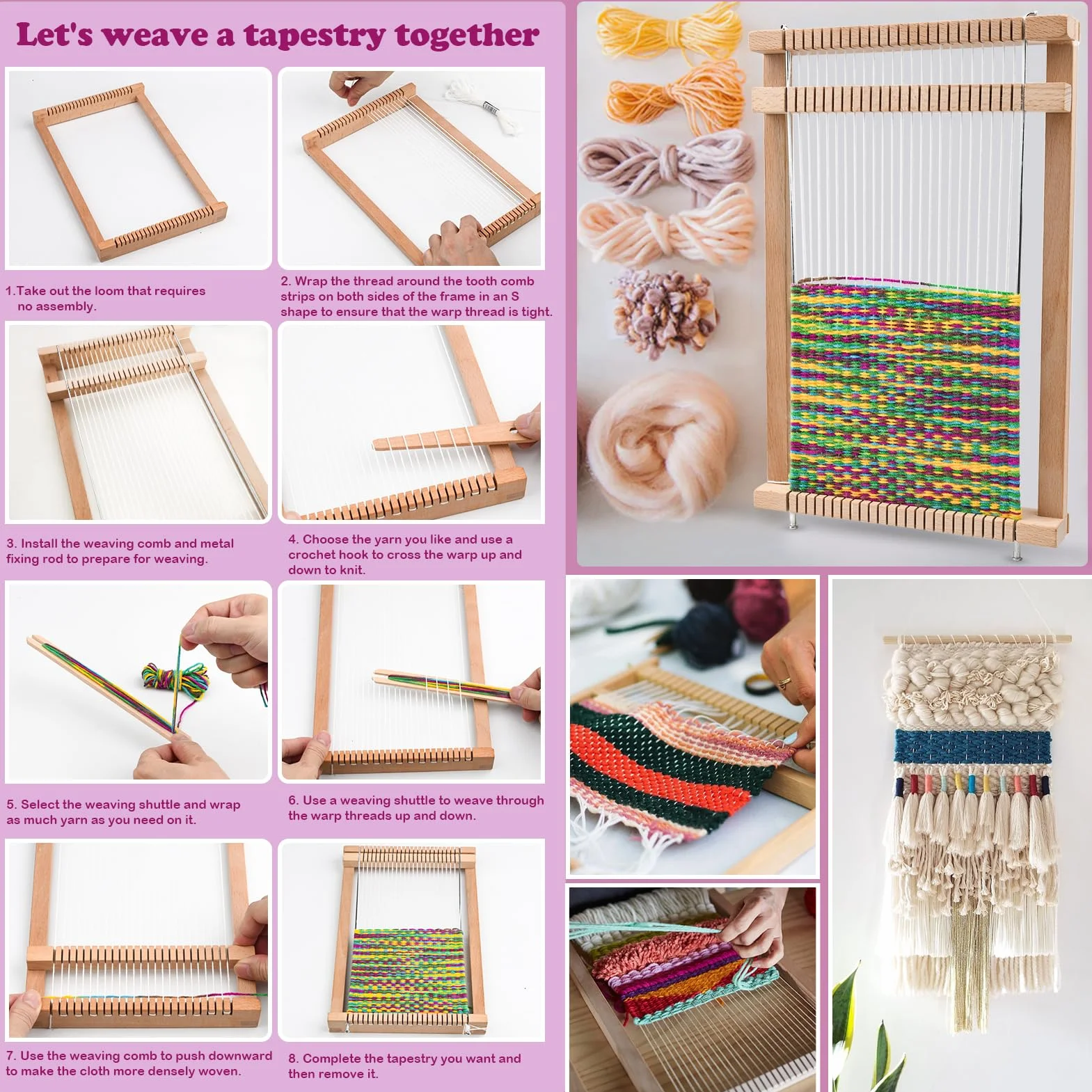 LYKTRIX Marco de Telaio de Tejer para Niños, Kit de Tela de Tejer de Madera, Incluidos Hilos, Peine, Lanzadera y Lana para Principiantes y Niños - 29 x 19 cm