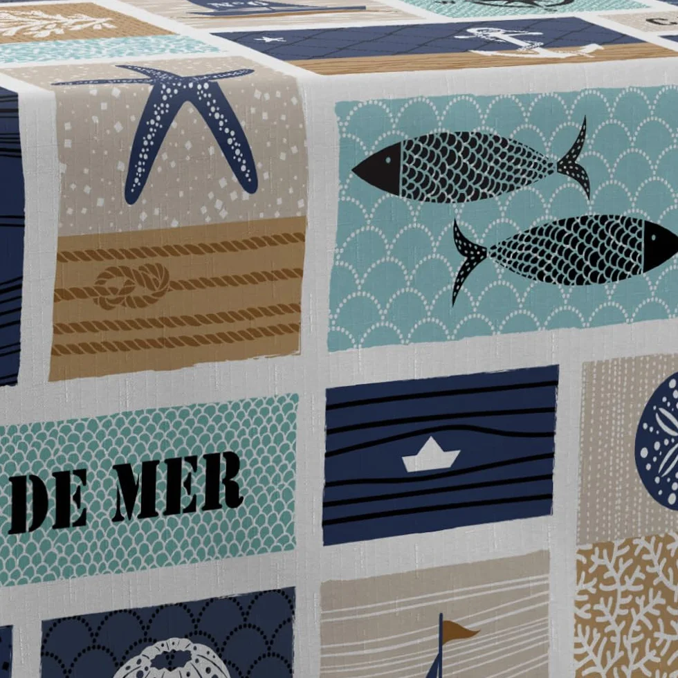 Mantel Antimanchas con Borde de mar, rectángulo, 150 x 240 cm, Azul, Beige